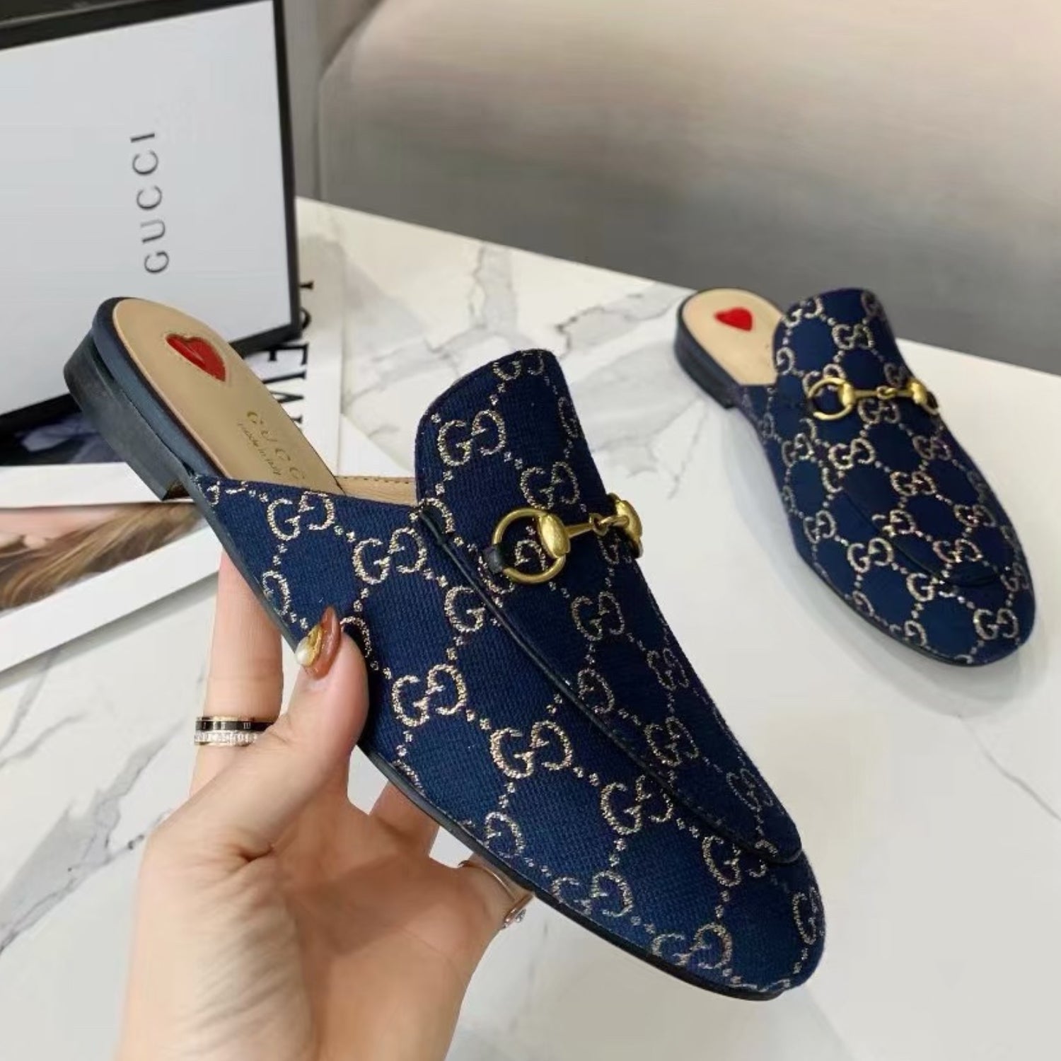 GG Princetown Blue Canvas Leather Mule