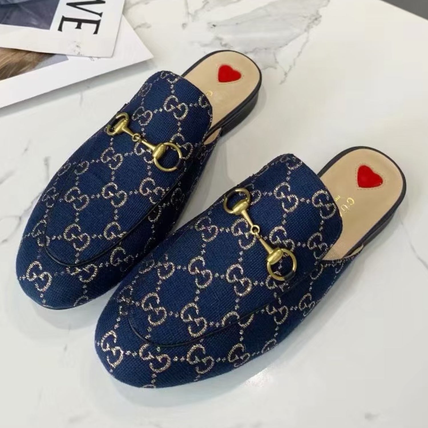 GG Princetown Blue Canvas Leather Mule