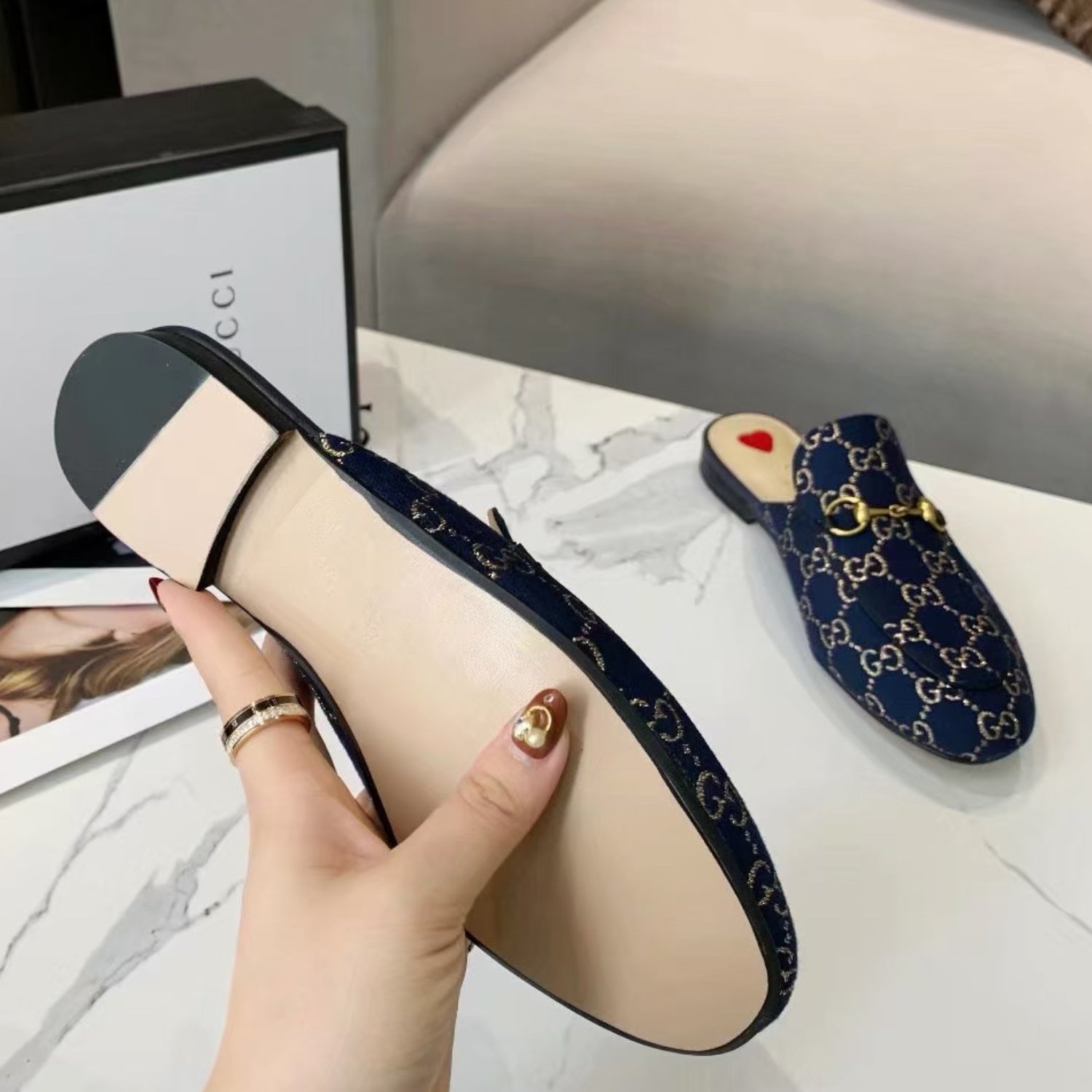 GG Princetown Blue Canvas Leather Mule