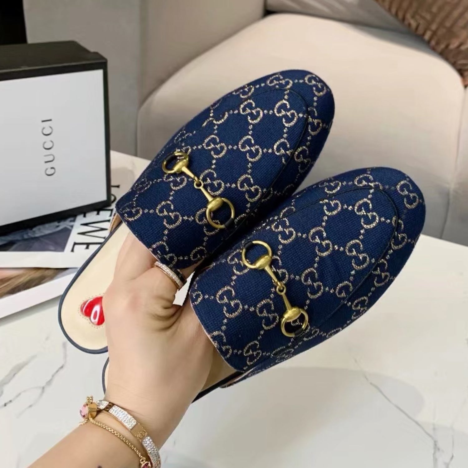 GG Princetown Blue Canvas Leather Mule