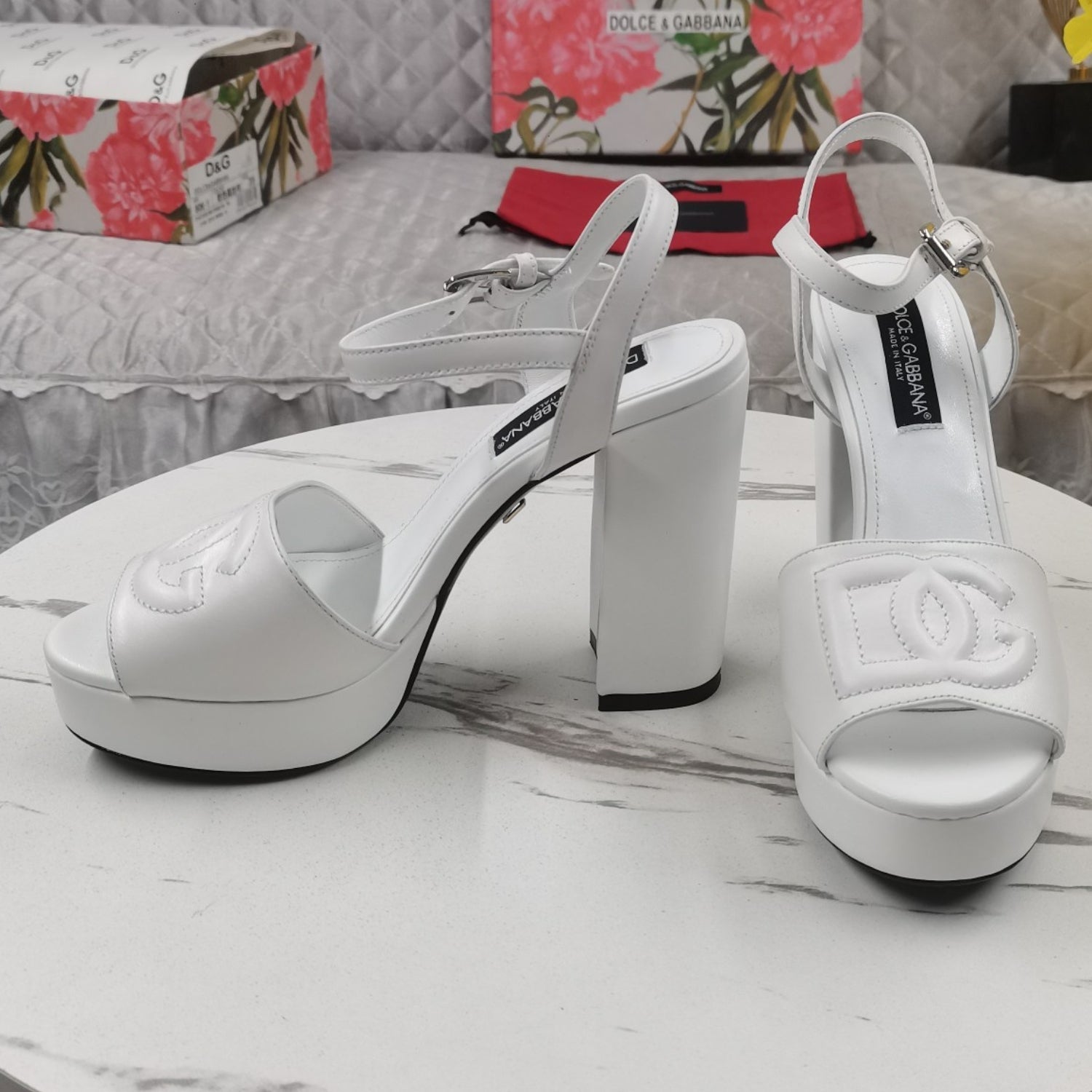 DG White Platform Sandal with Logo, 11.5cm Heel