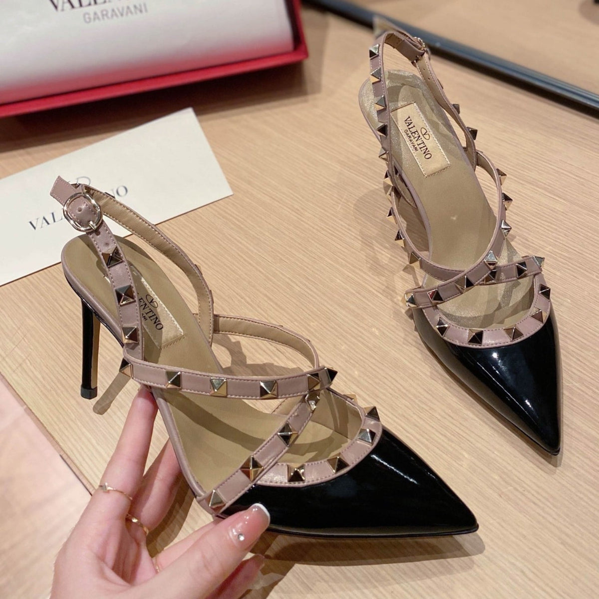 VLT Black Leather Pumps with Upper Details, 9cm Heel