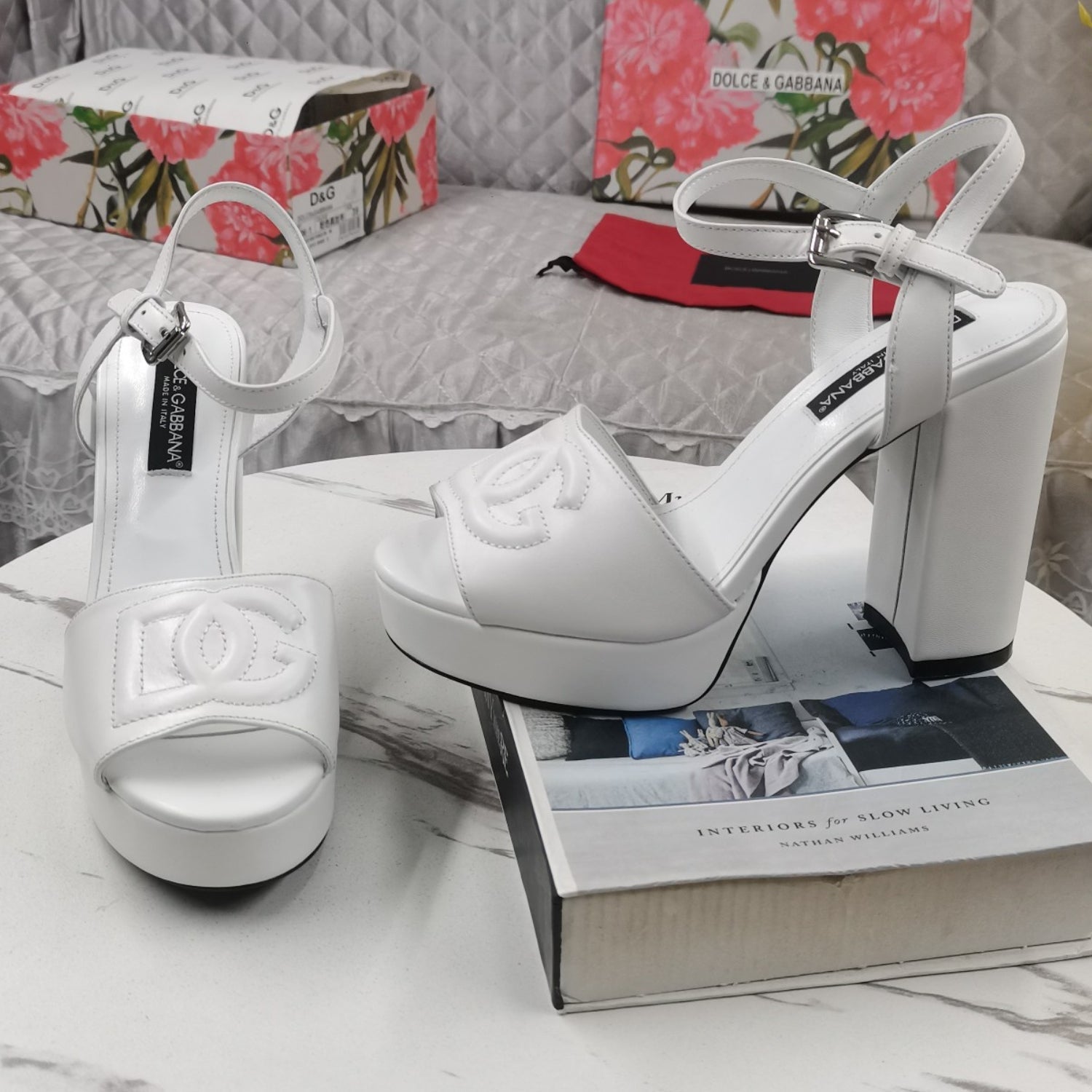 DG White Platform Sandal with Logo, 11.5cm Heel