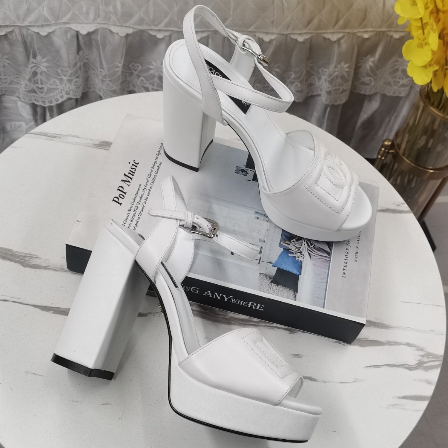 DG White Platform Sandal with Logo, 11.5cm Heel