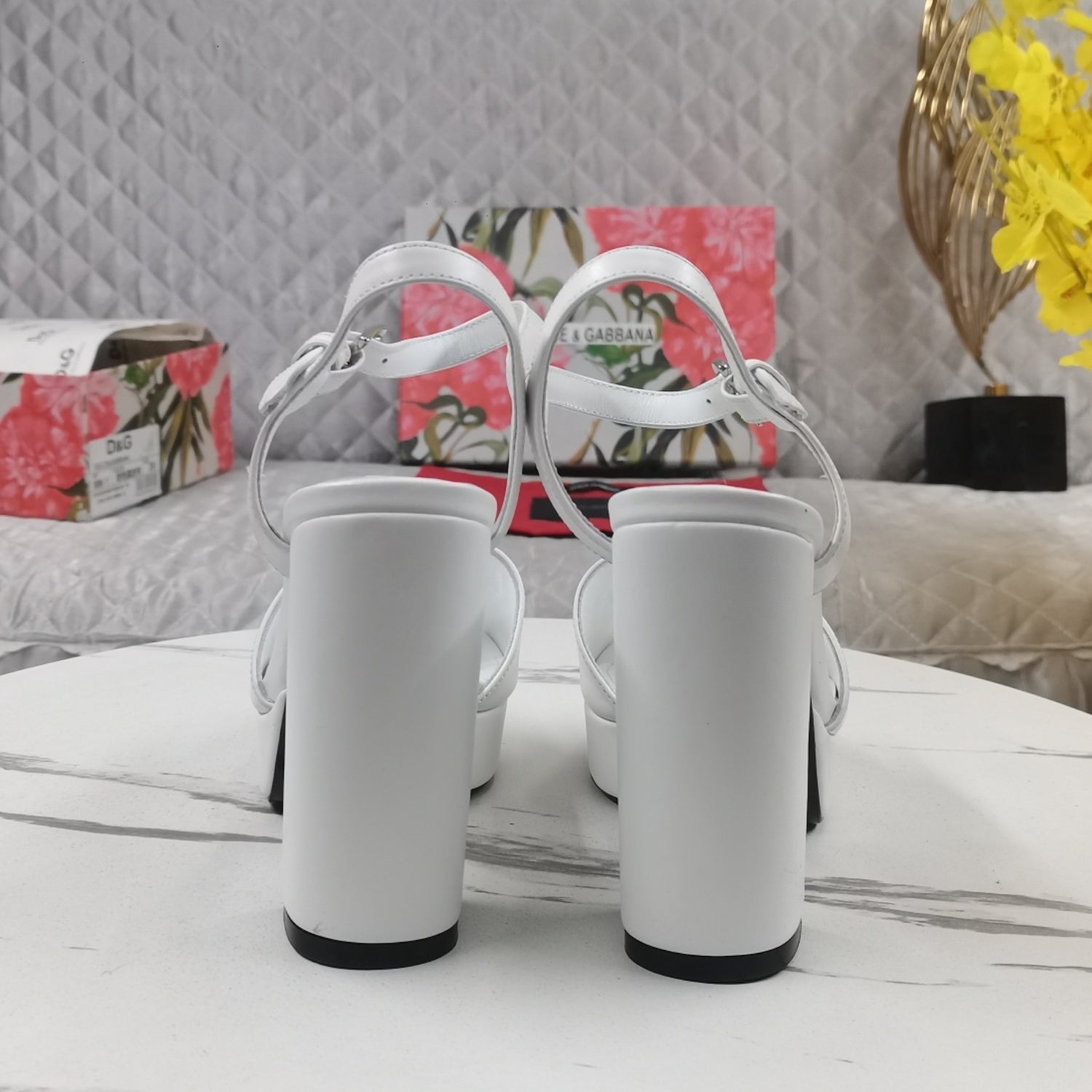 DG White Platform Sandal with Logo, 11.5cm Heel