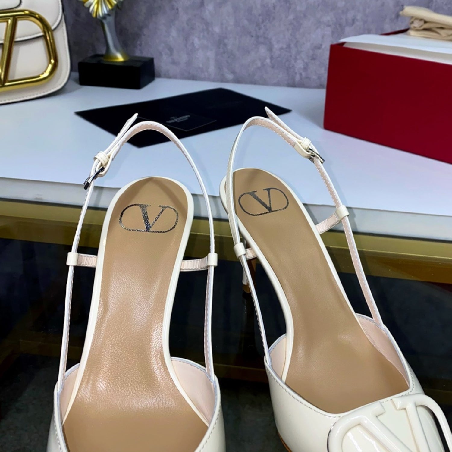 VLT Off-White Leather Pump with Front Logo 8cm Heel