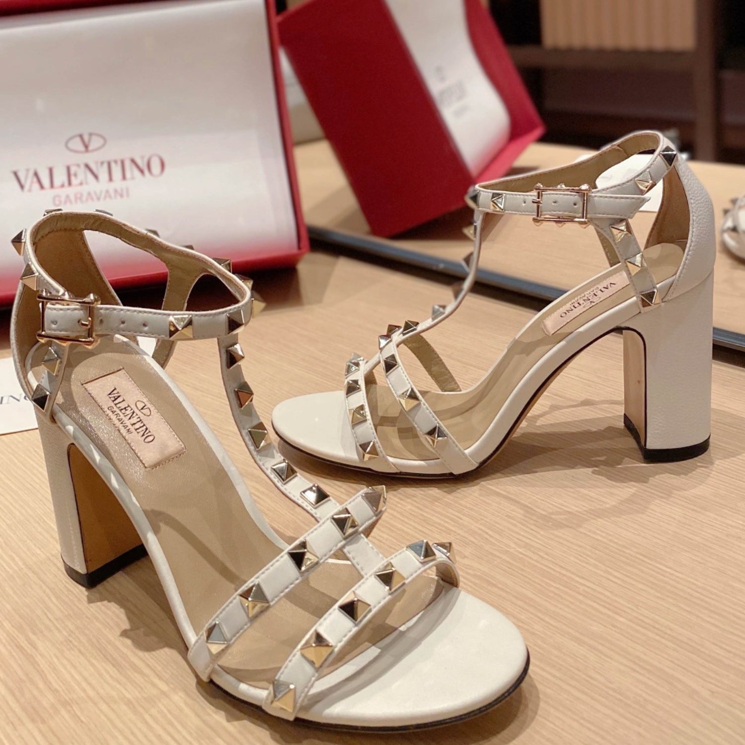 VLT White Leather Sandal with details, 8.5cm heel