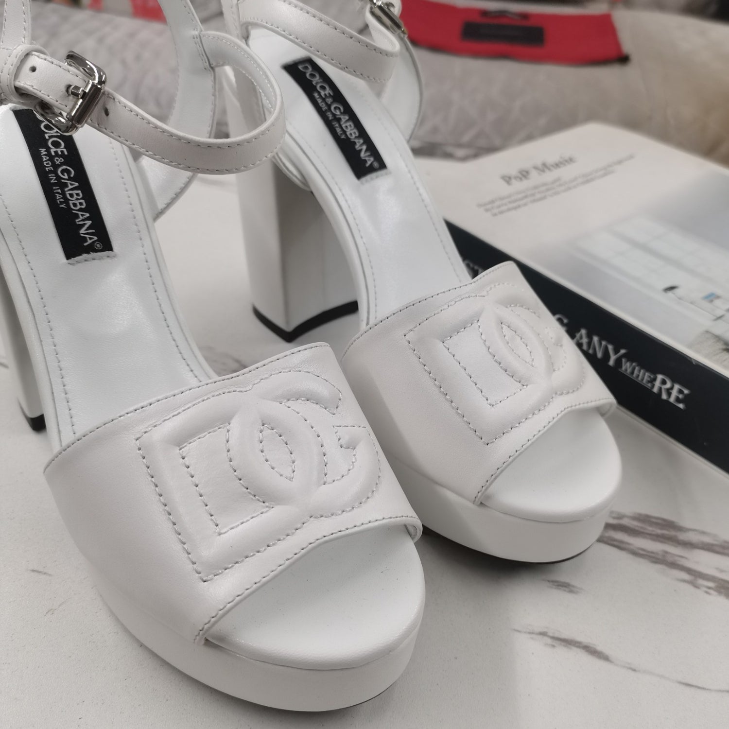 DG White Platform Sandal with Logo, 11.5cm Heel