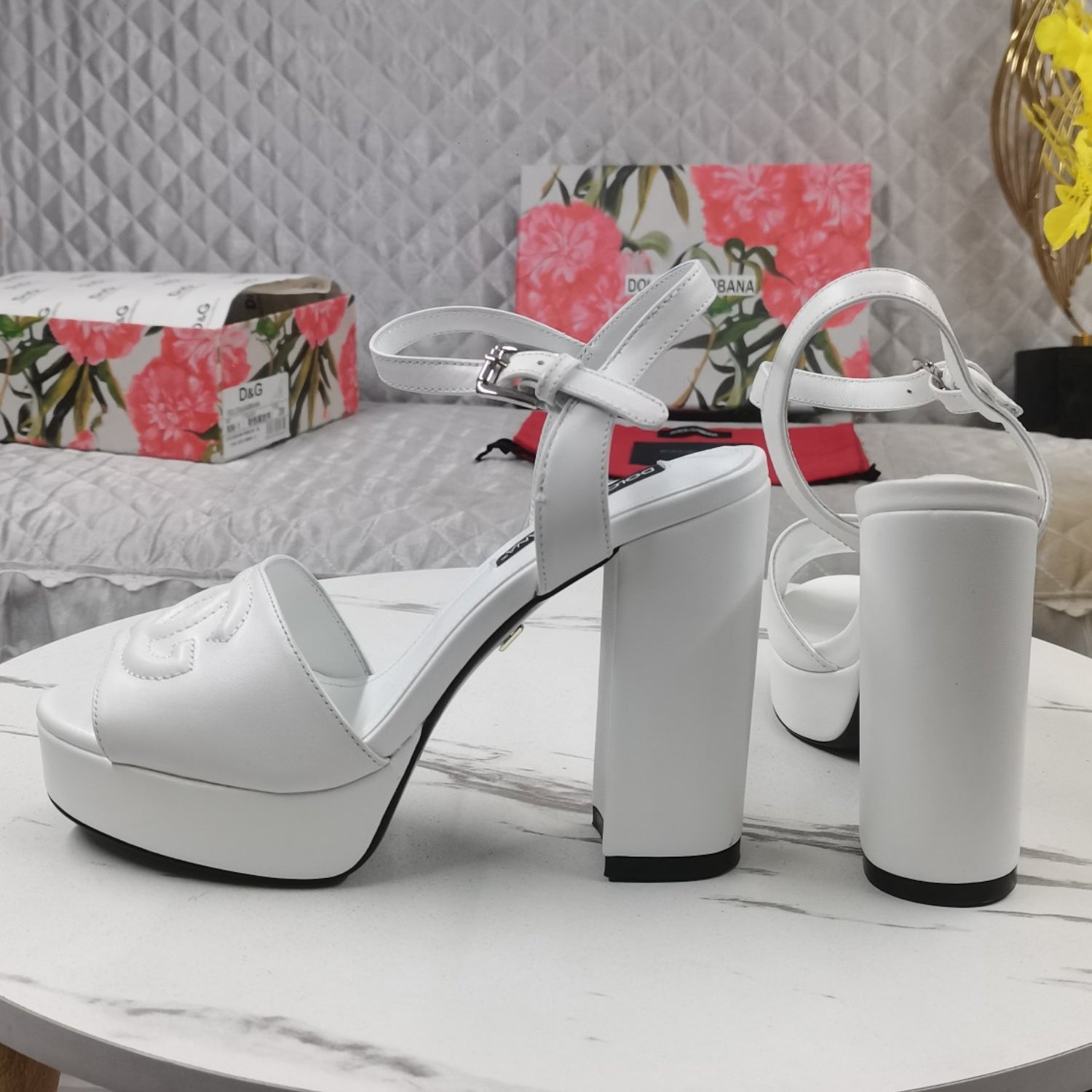 DG White Platform Sandal with Logo, 11.5cm Heel