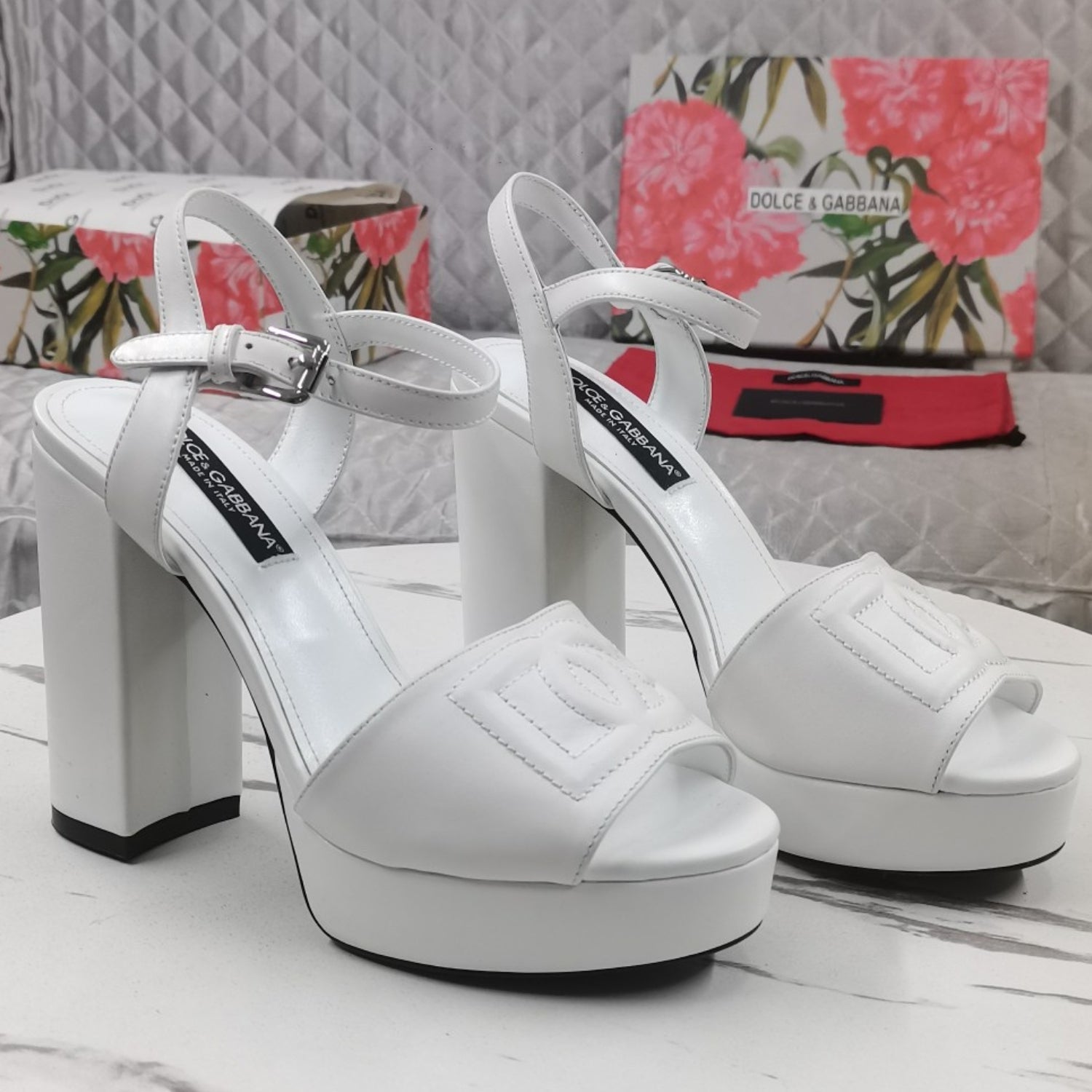 DG White Platform Sandal with Logo, 11.5cm Heel