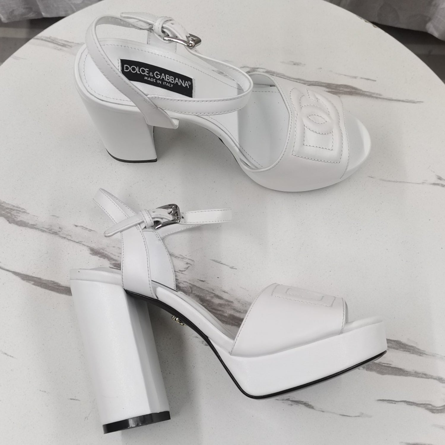 DG White Platform Sandal with Logo, 11.5cm Heel