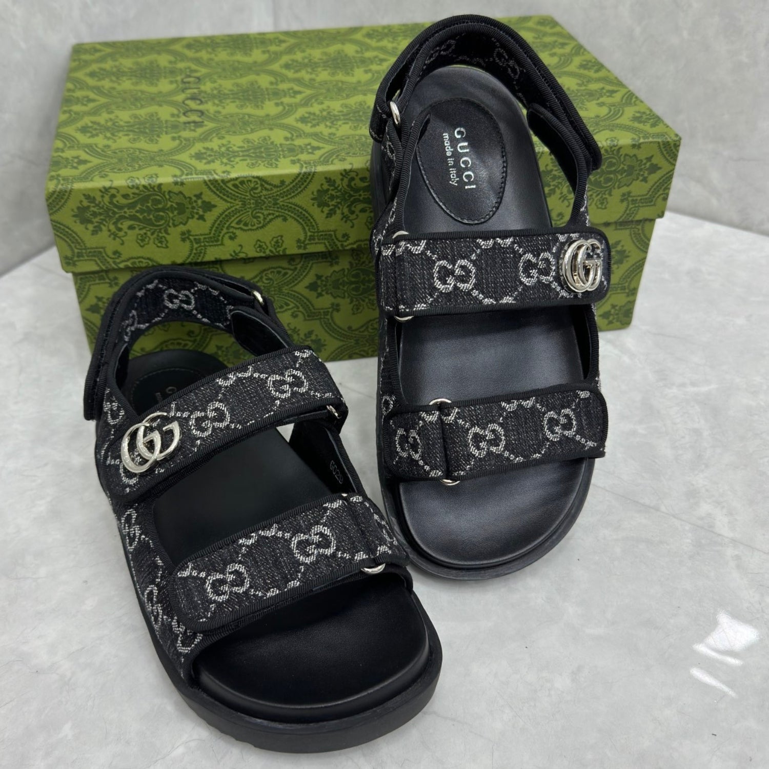 GG Slider Sandal with Double GG Black and White Heel
