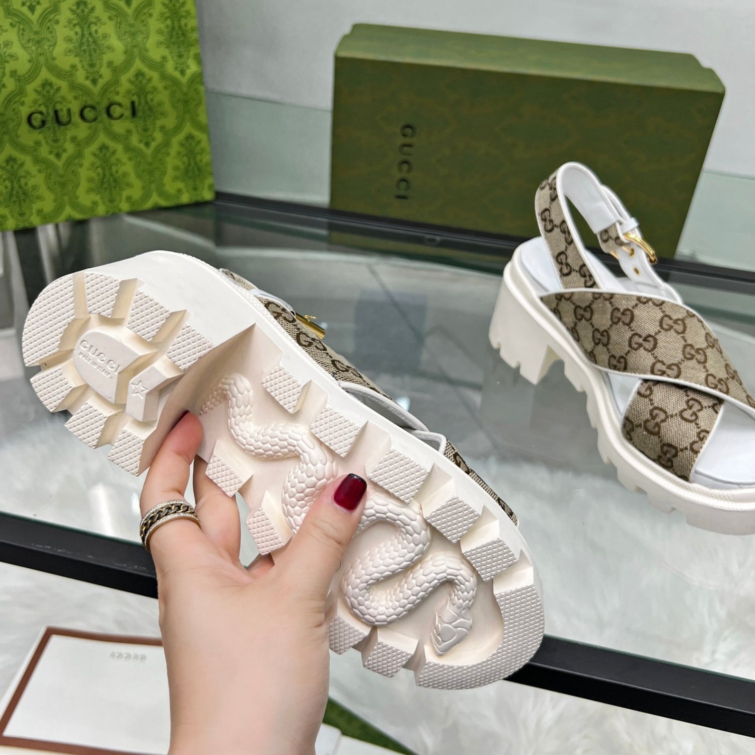 GG Lug Sole White and Canvas Sandal