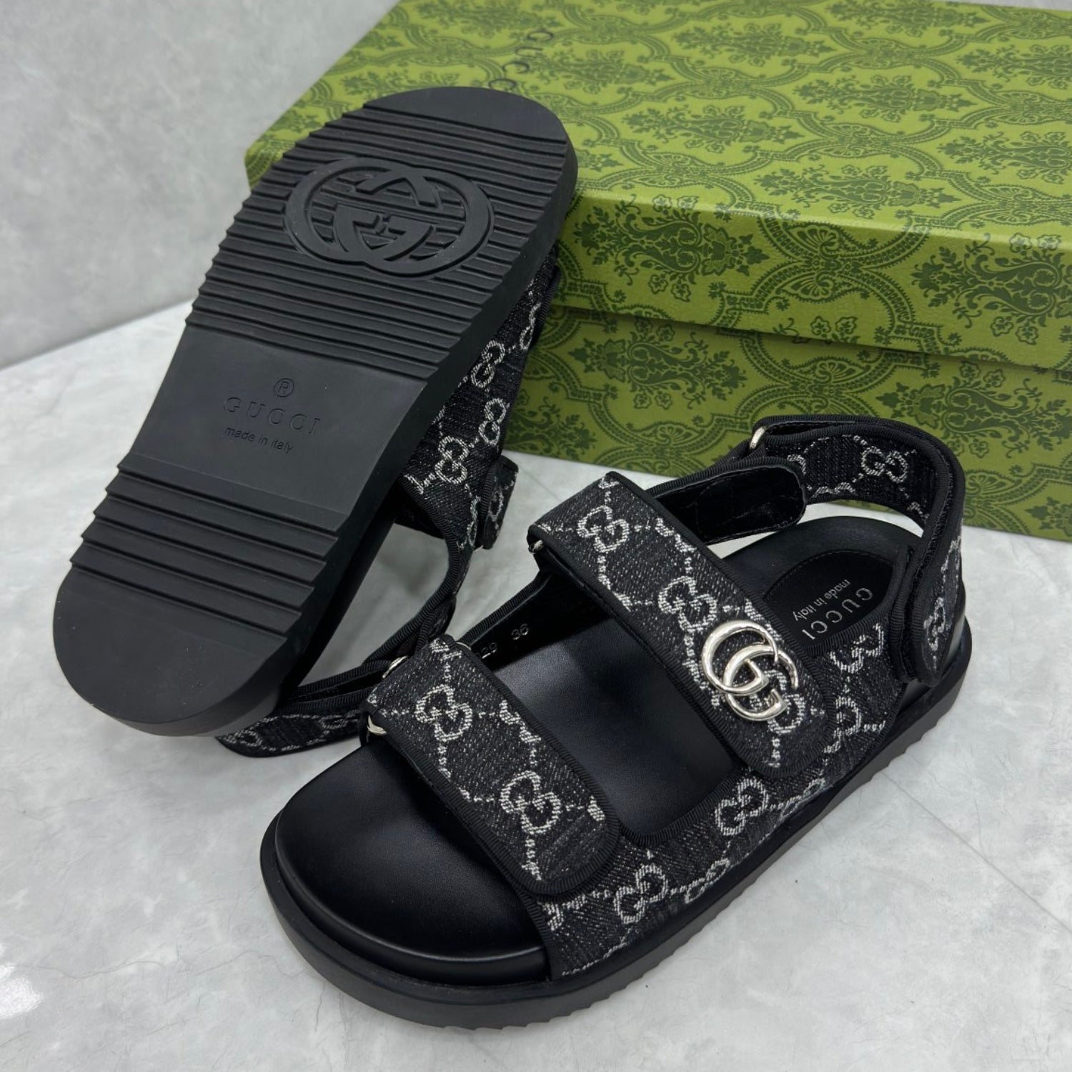 GG Slider Sandal with Double GG Black and White Heel