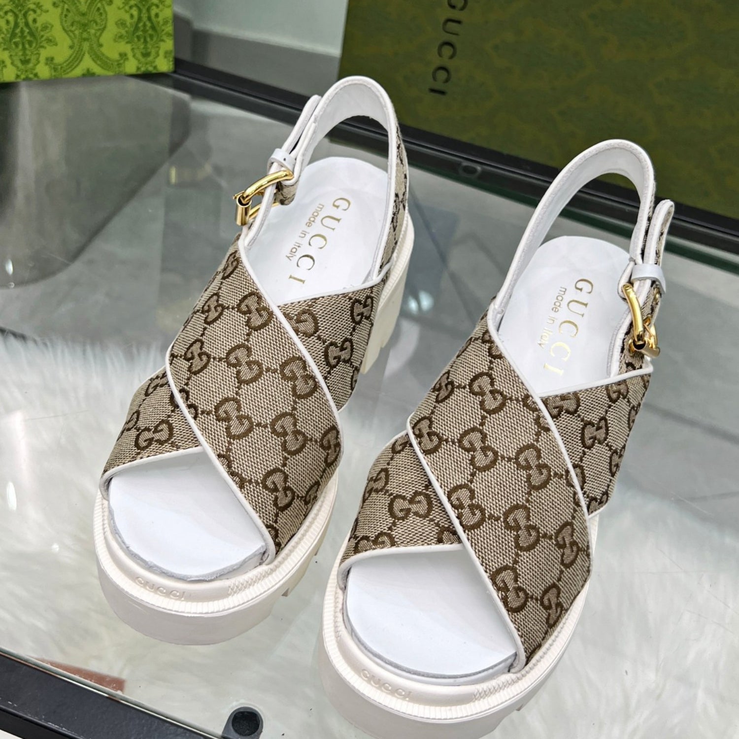 GG Lug Sole White and Canvas Sandal