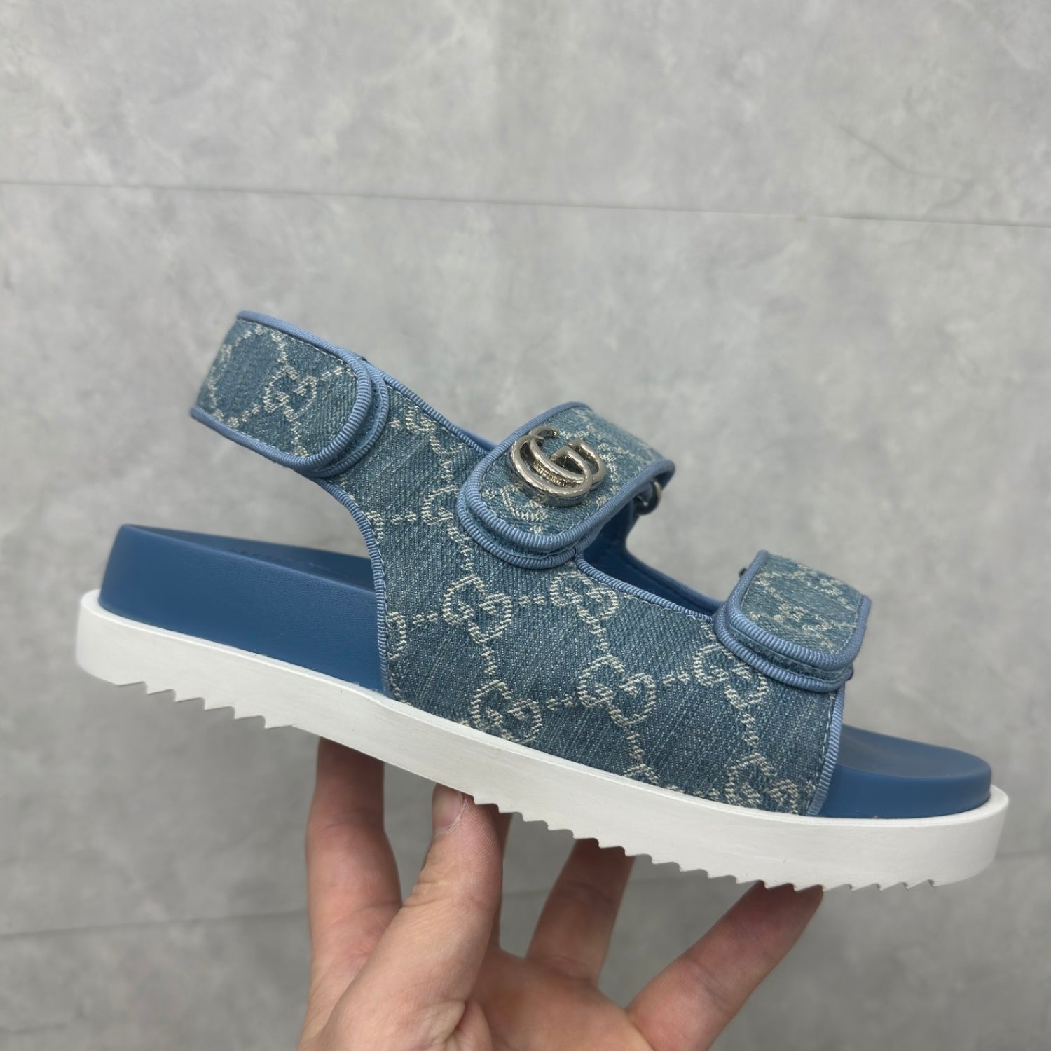 GG Slider Sandal with Double GG Blue Heel