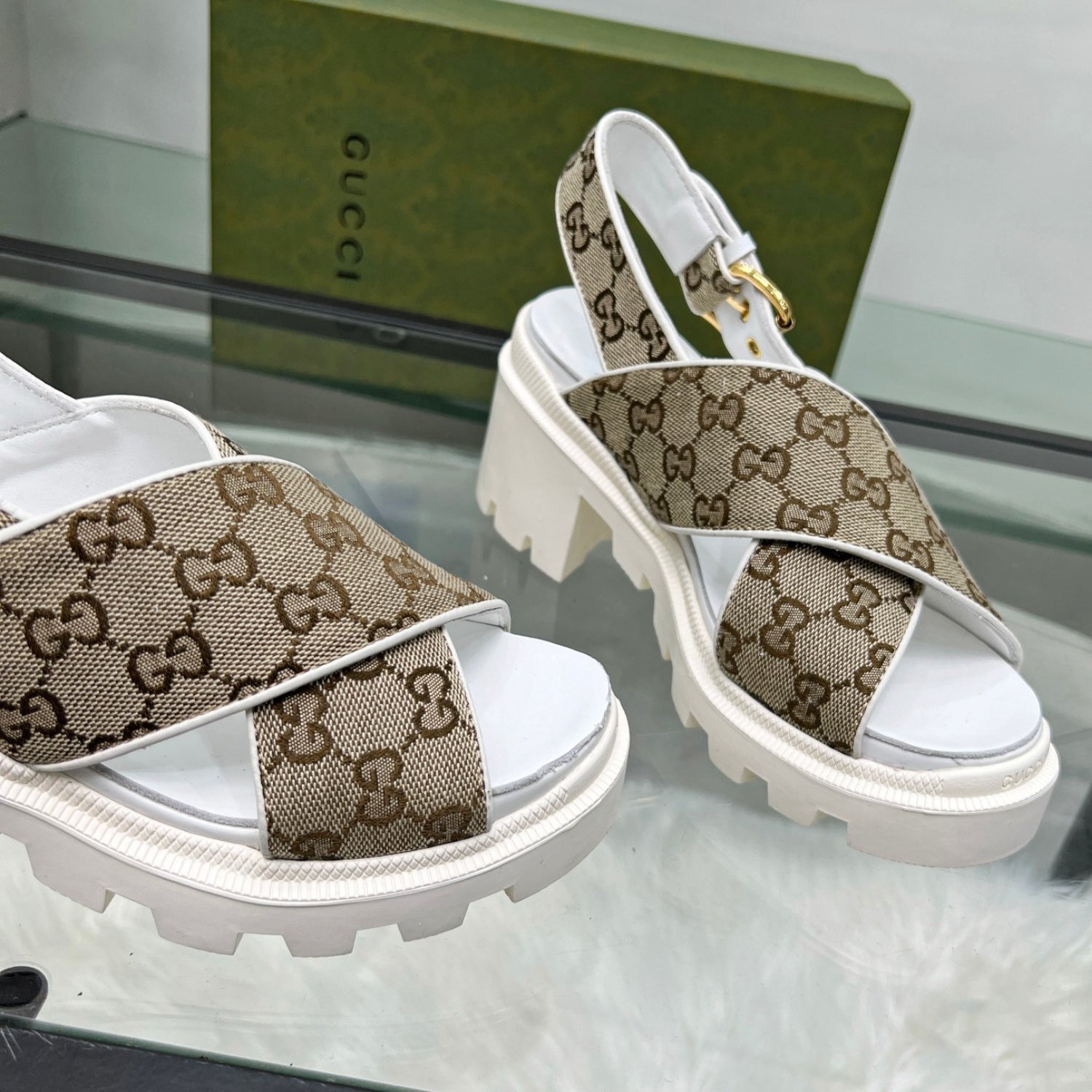 GG Lug Sole White and Canvas Sandal
