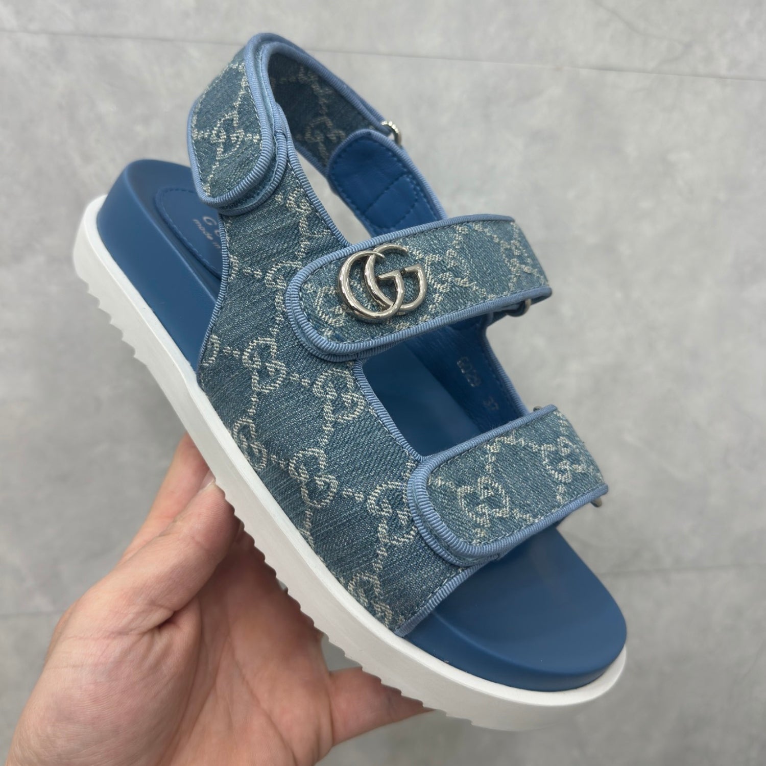 GG Slider Sandal with Double GG Blue Heel