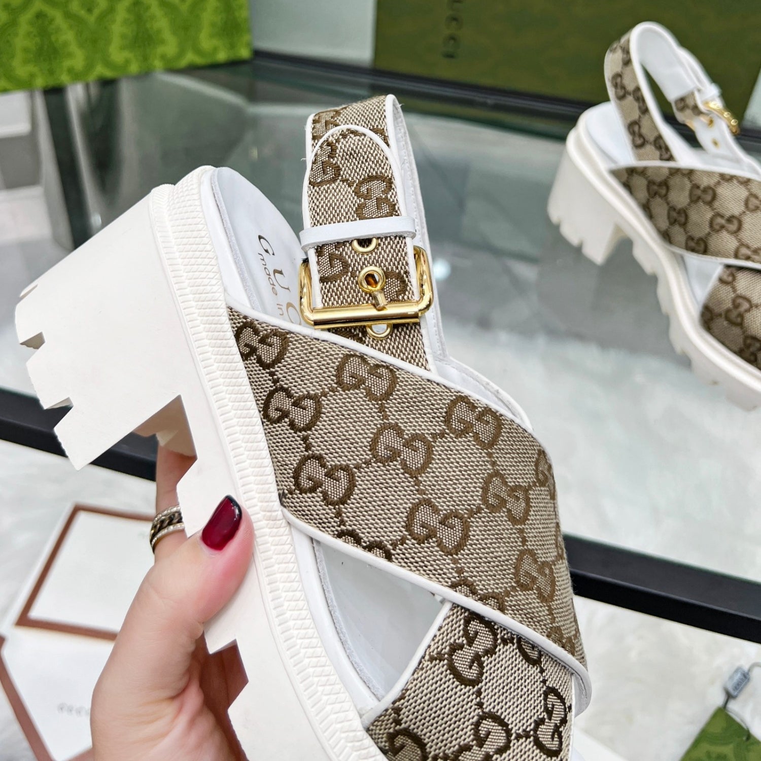 GG Lug Sole White and Canvas Sandal