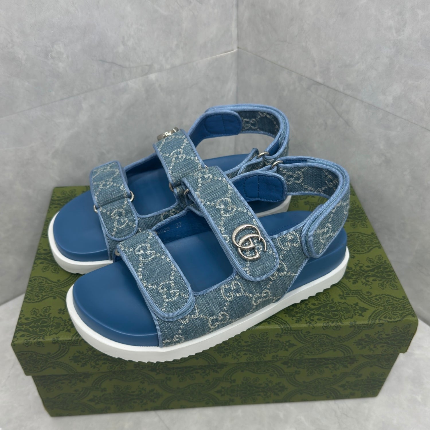 GG Slider Sandal with Double GG Blue Heel
