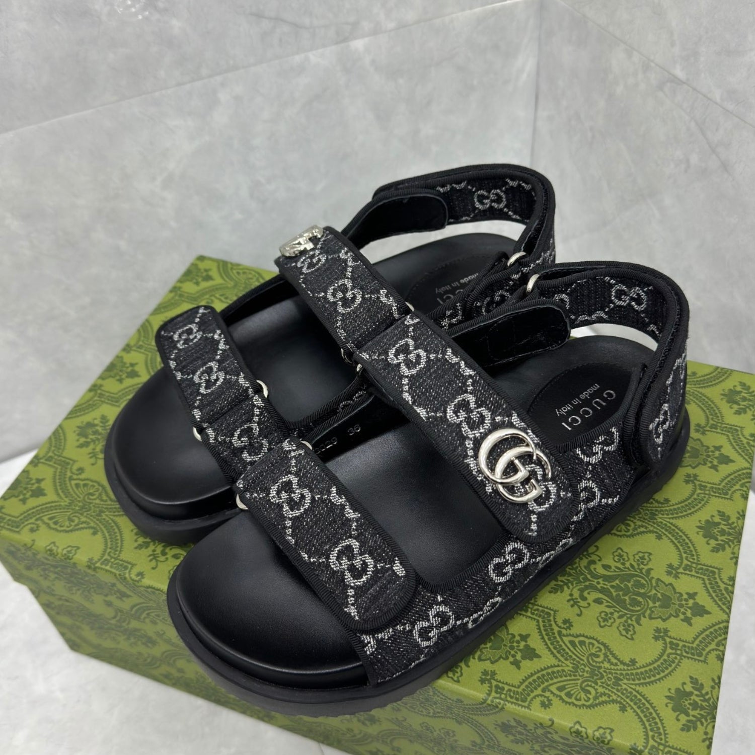 GG Slider Sandal with Double GG Black and White Heel