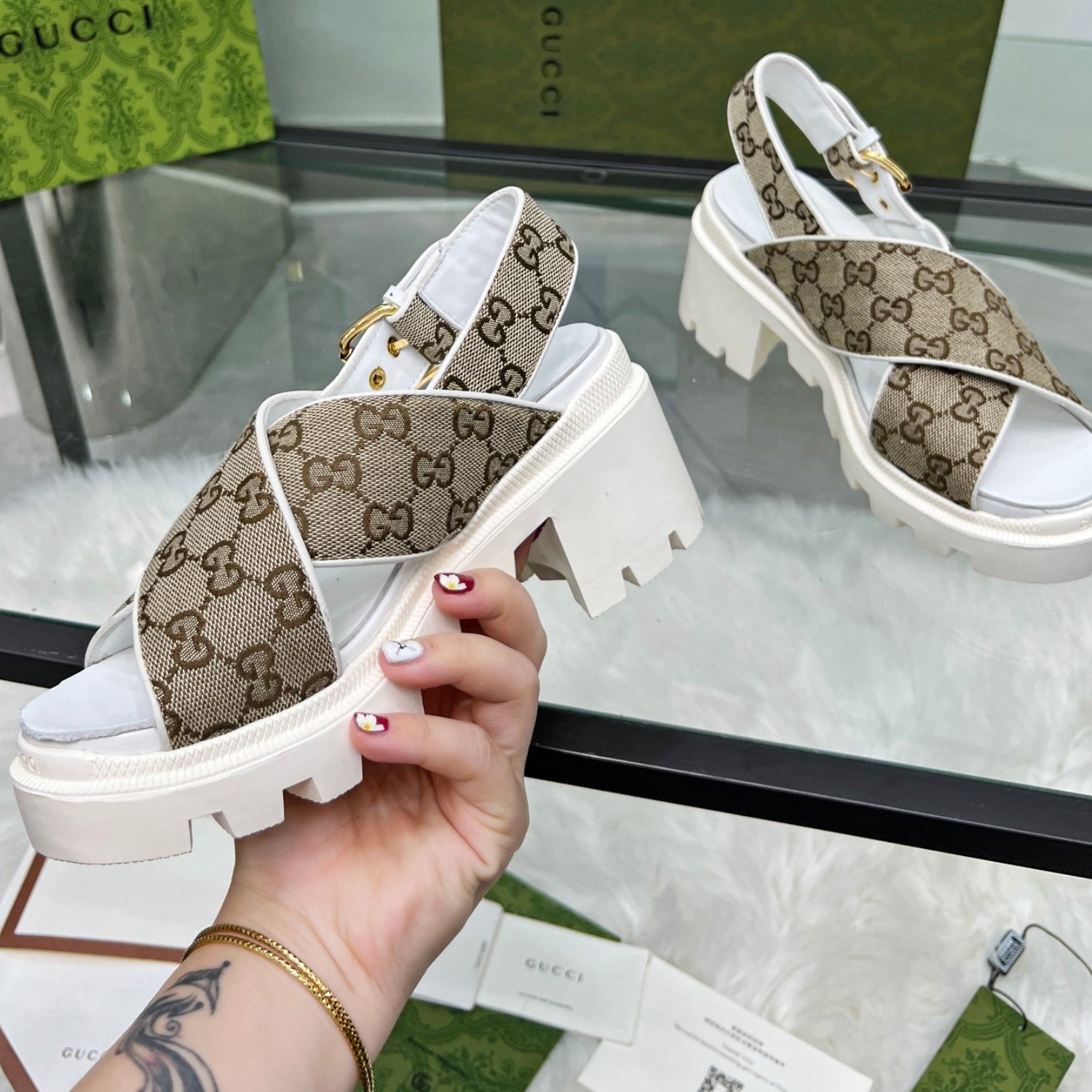 GG Lug Sole White and Canvas Sandal