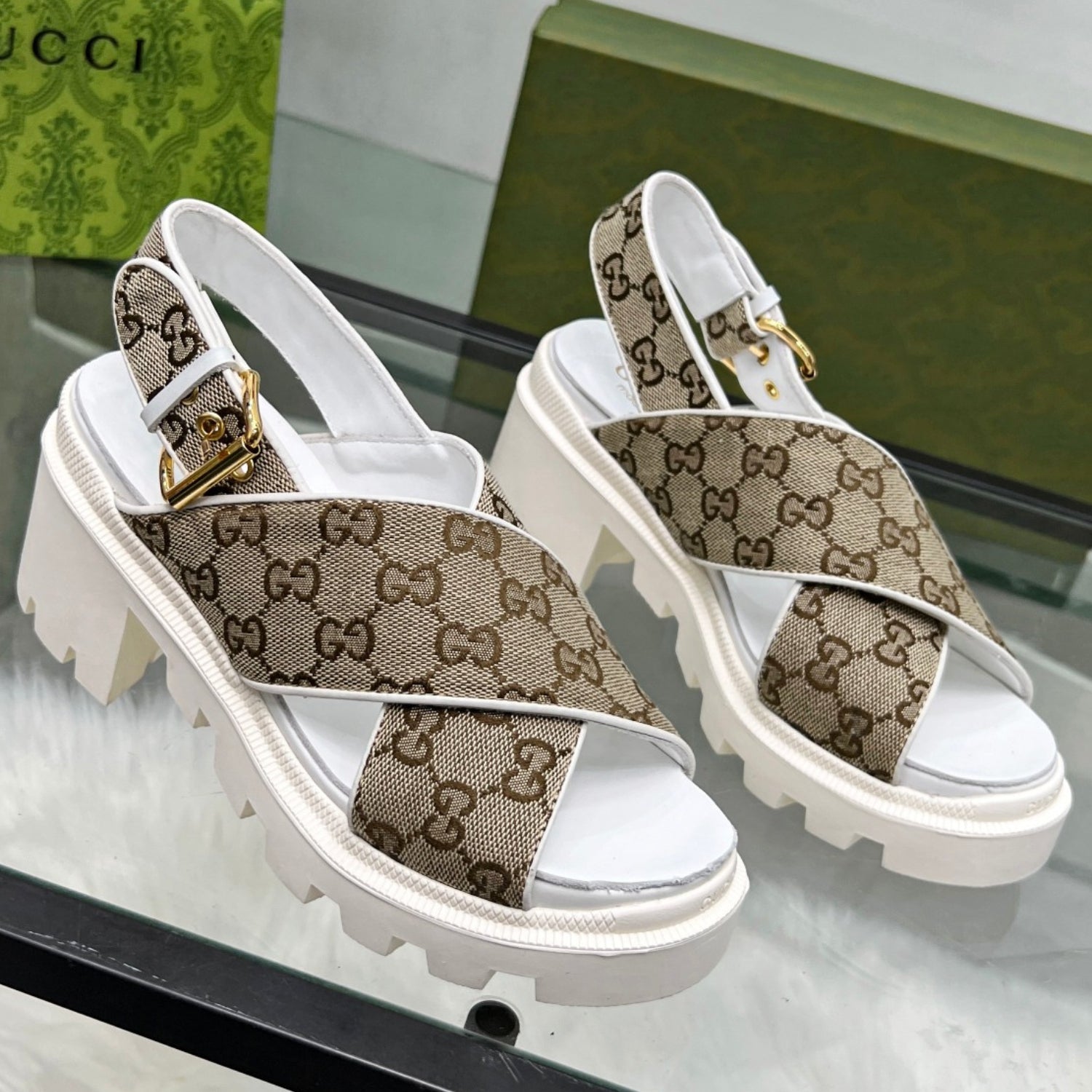 GG Lug Sole White and Canvas Sandal
