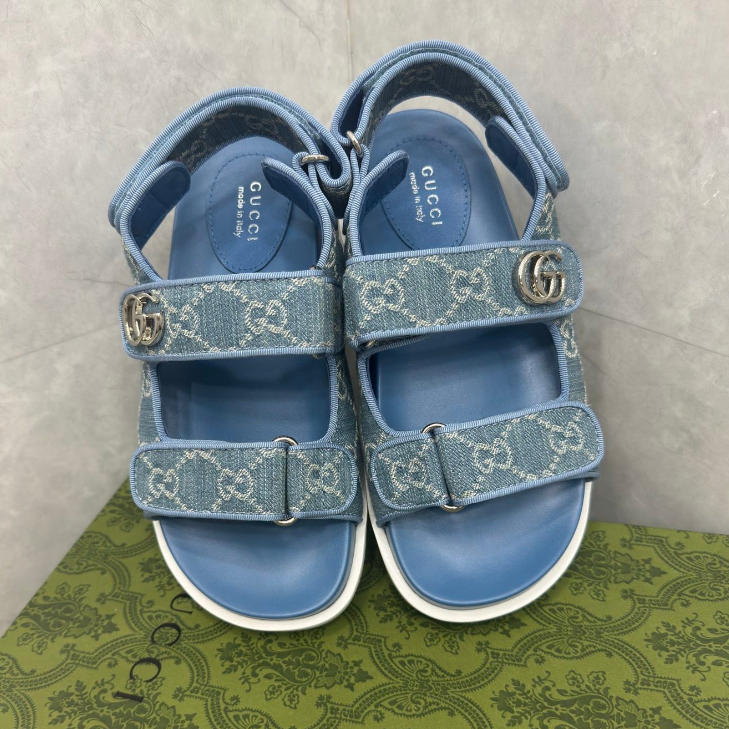 GG Slider Sandal with Double GG Blue Heel