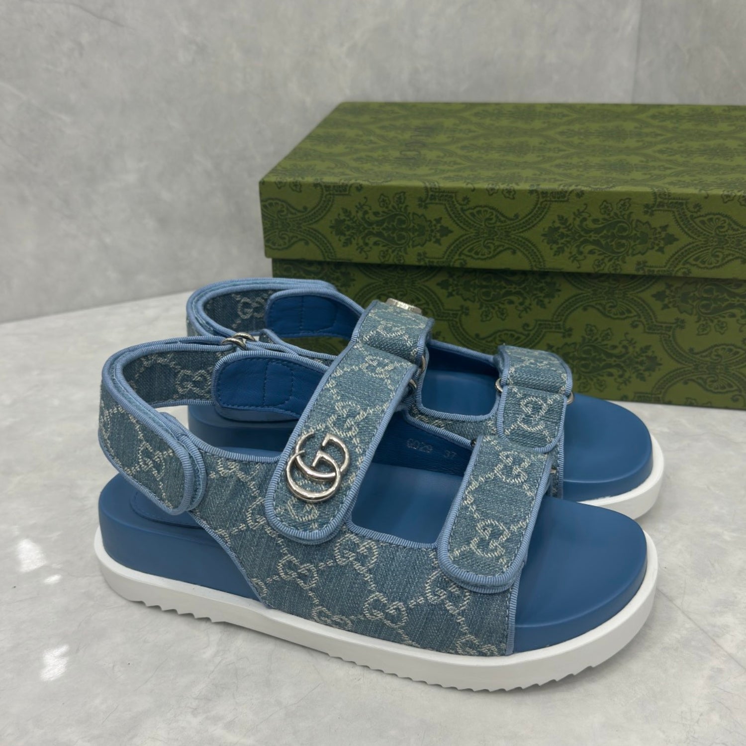 GG Slider Sandal with Double GG Blue Heel