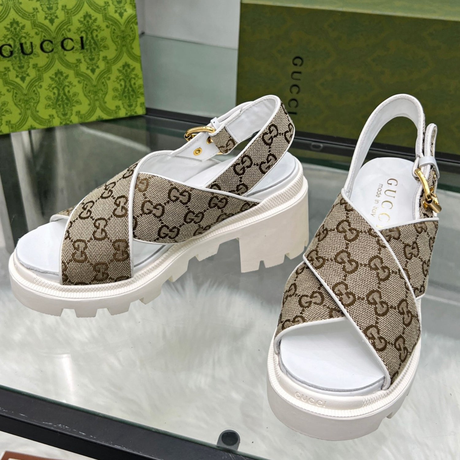 GG Lug Sole White and Canvas Sandal