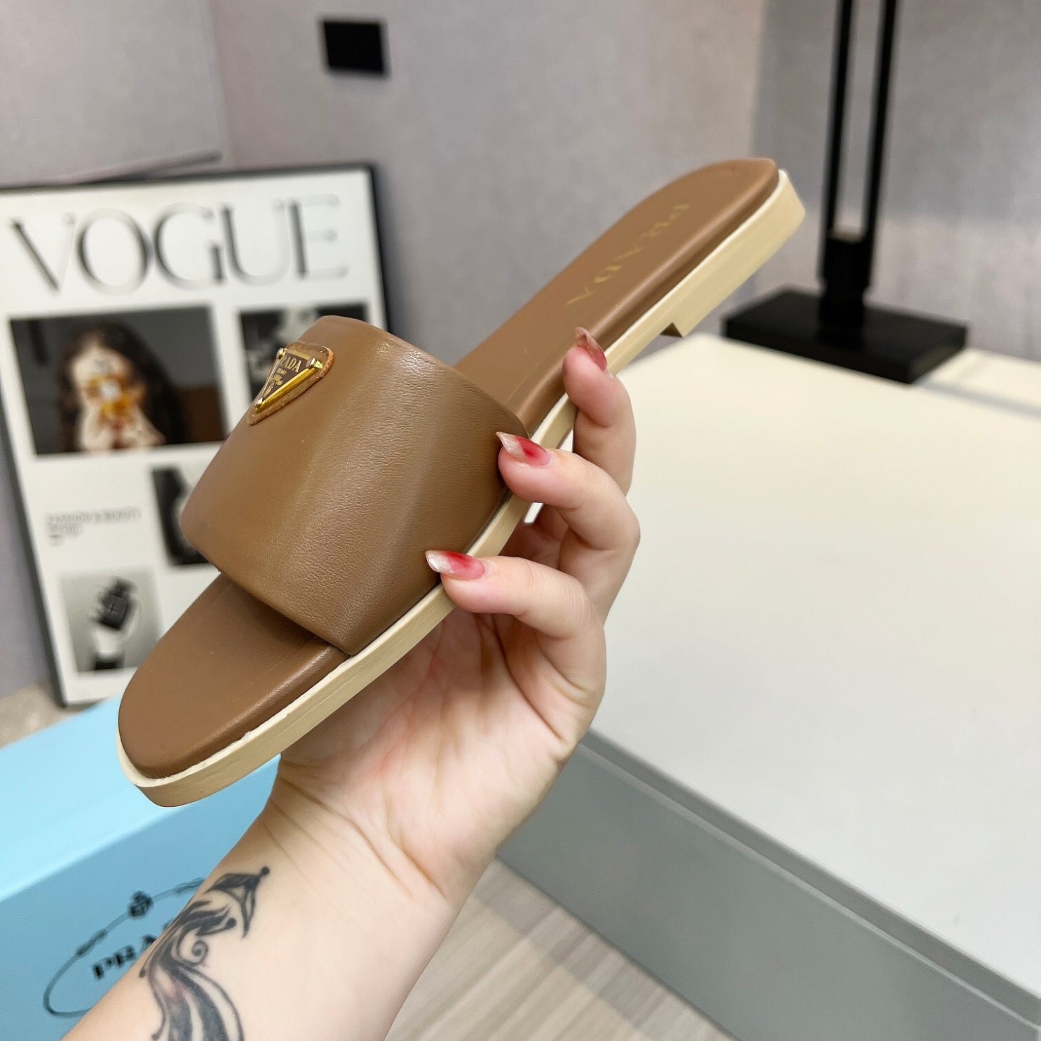 PRD Beige leather sandal with logo