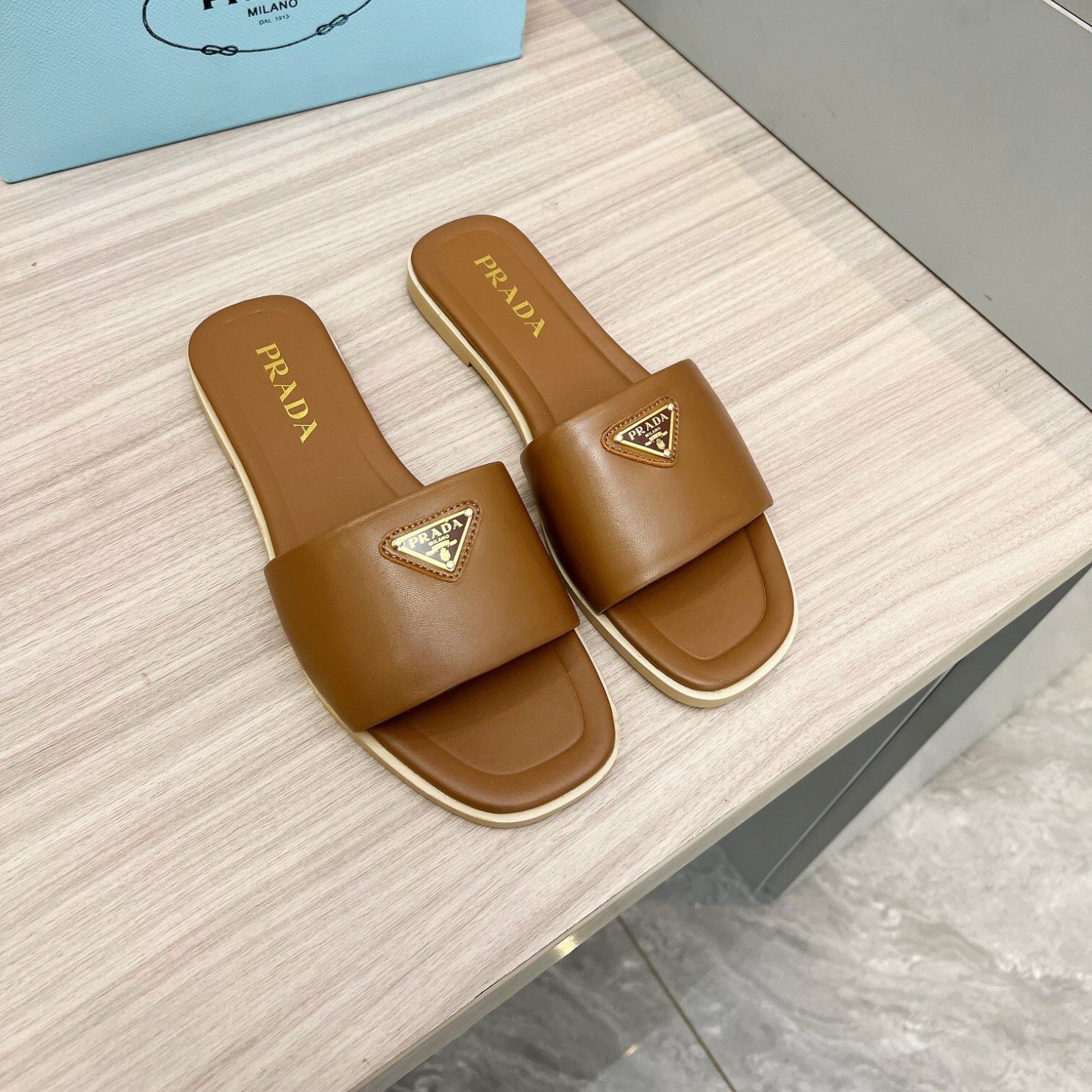 PRD Beige leather sandal with logo