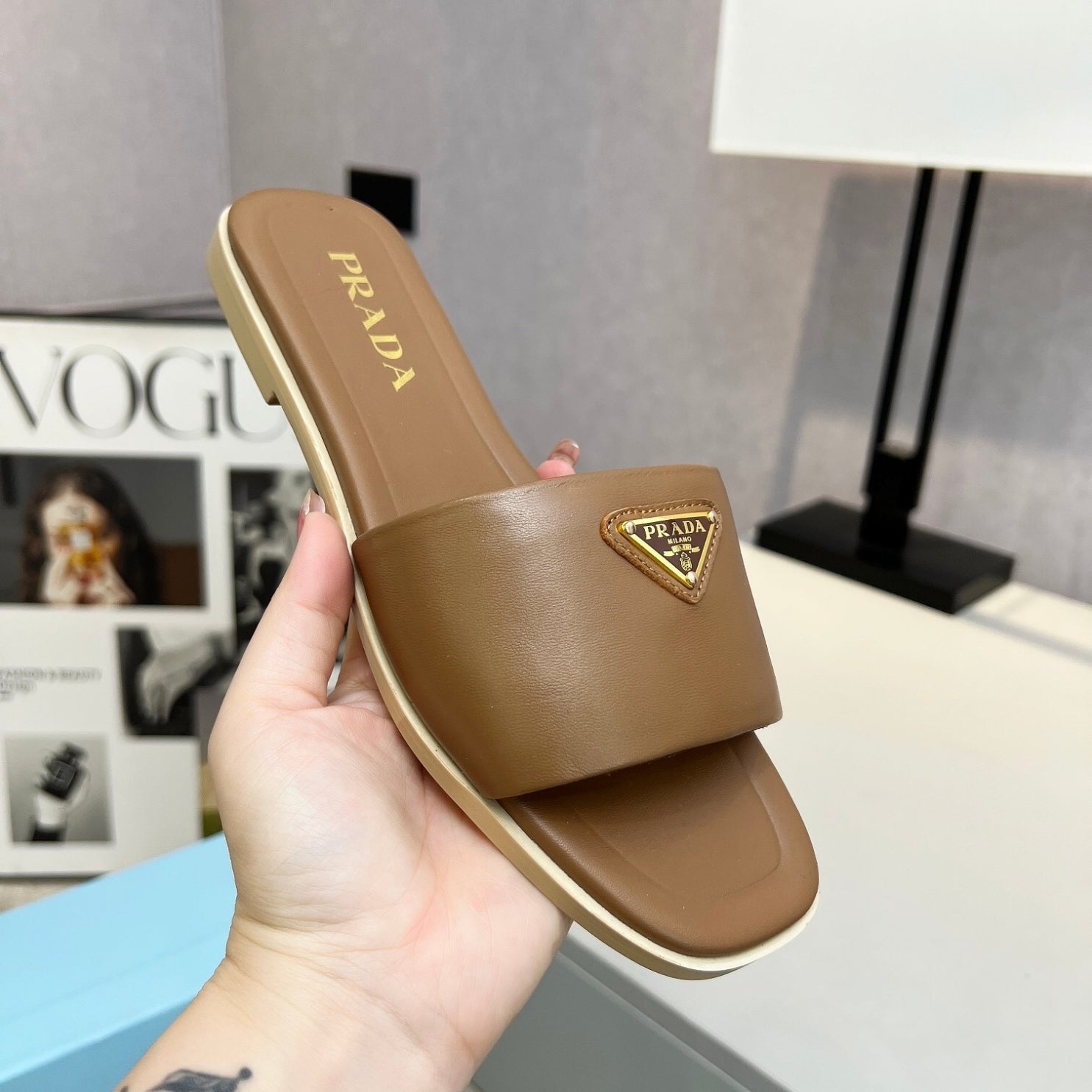 PRD Beige leather sandal with logo