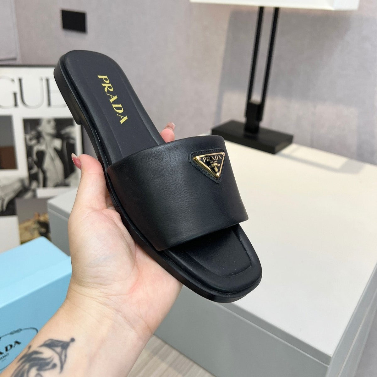 PRD Black leather sandal with logo