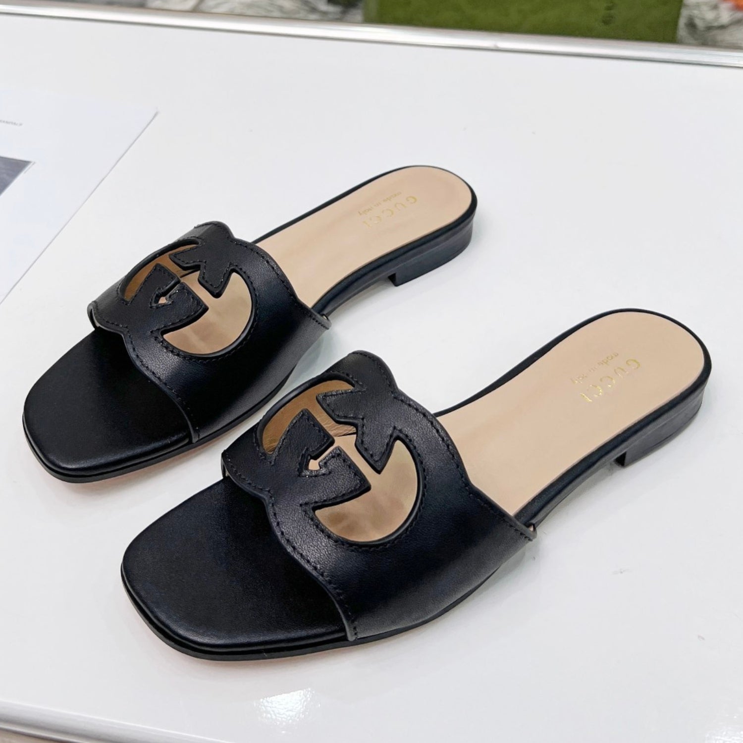 GG Leather Sandal with Black GG Interlocking