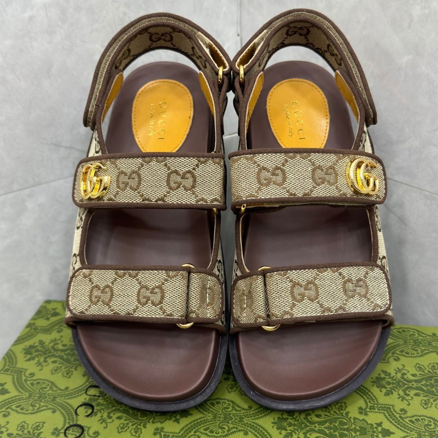 GG Slider Sandal with Double GG Canvas and Brown Heel
