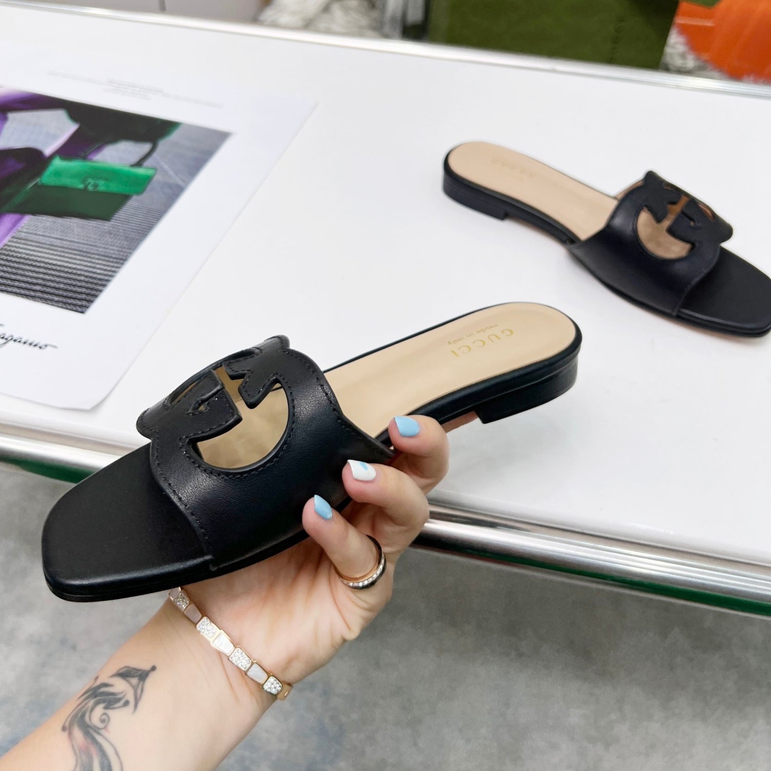 GG Leather Sandal with Black GG Interlocking