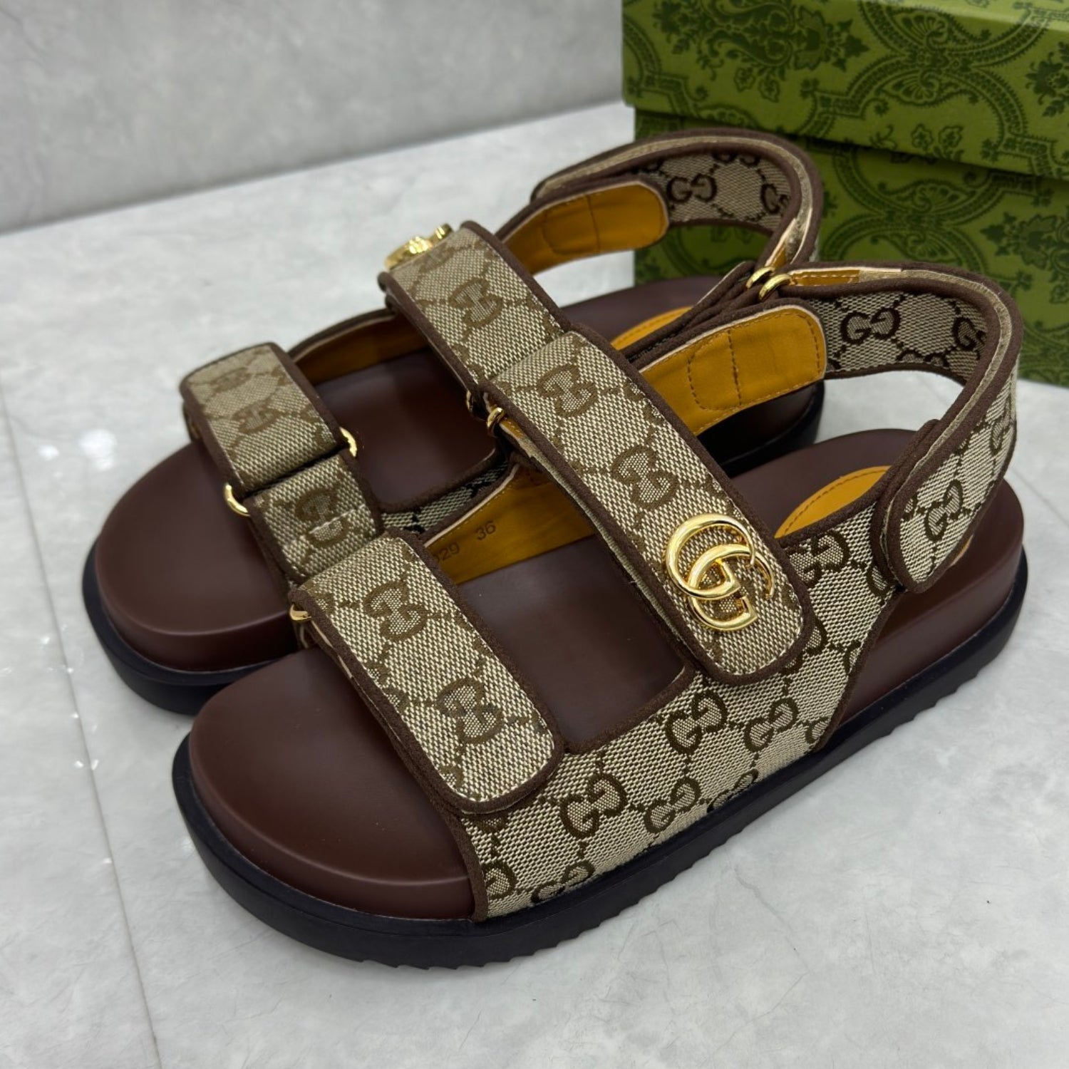 GG Slider Sandal with Double GG Canvas and Brown Heel
