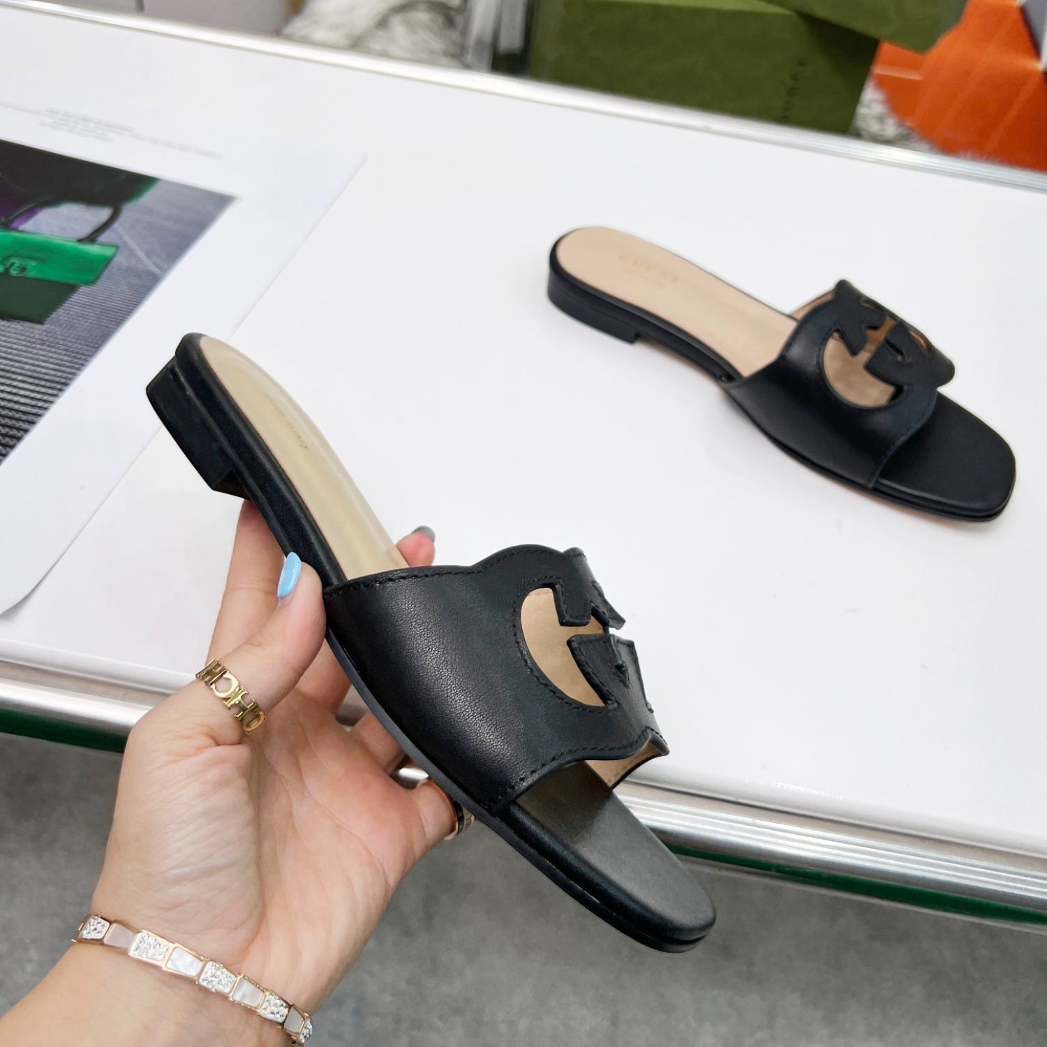 GG Leather Sandal with Black GG Interlocking