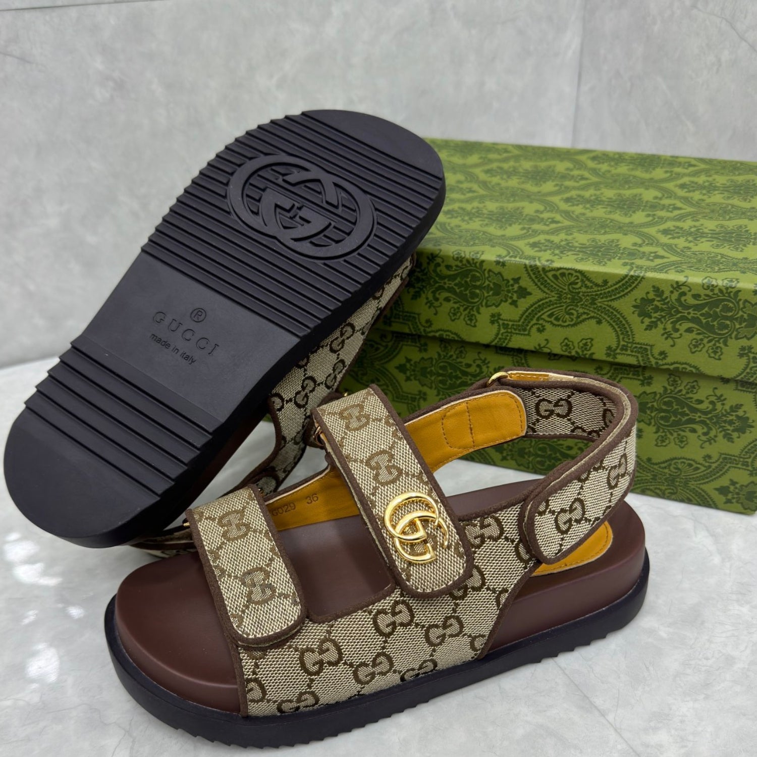 GG Slider Sandal with Double GG Canvas and Brown Heel