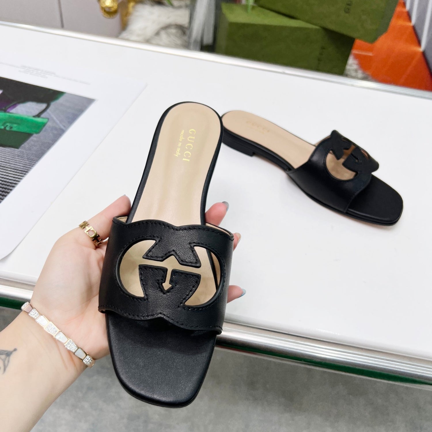 GG Leather Sandal with Black GG Interlocking