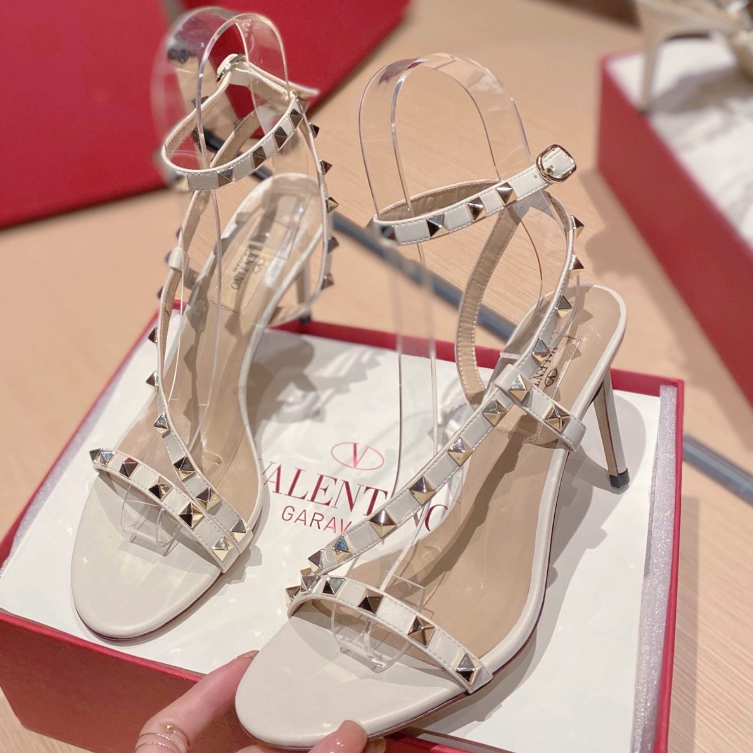 VLT Beige Leather Sandal with details, 8cm heel