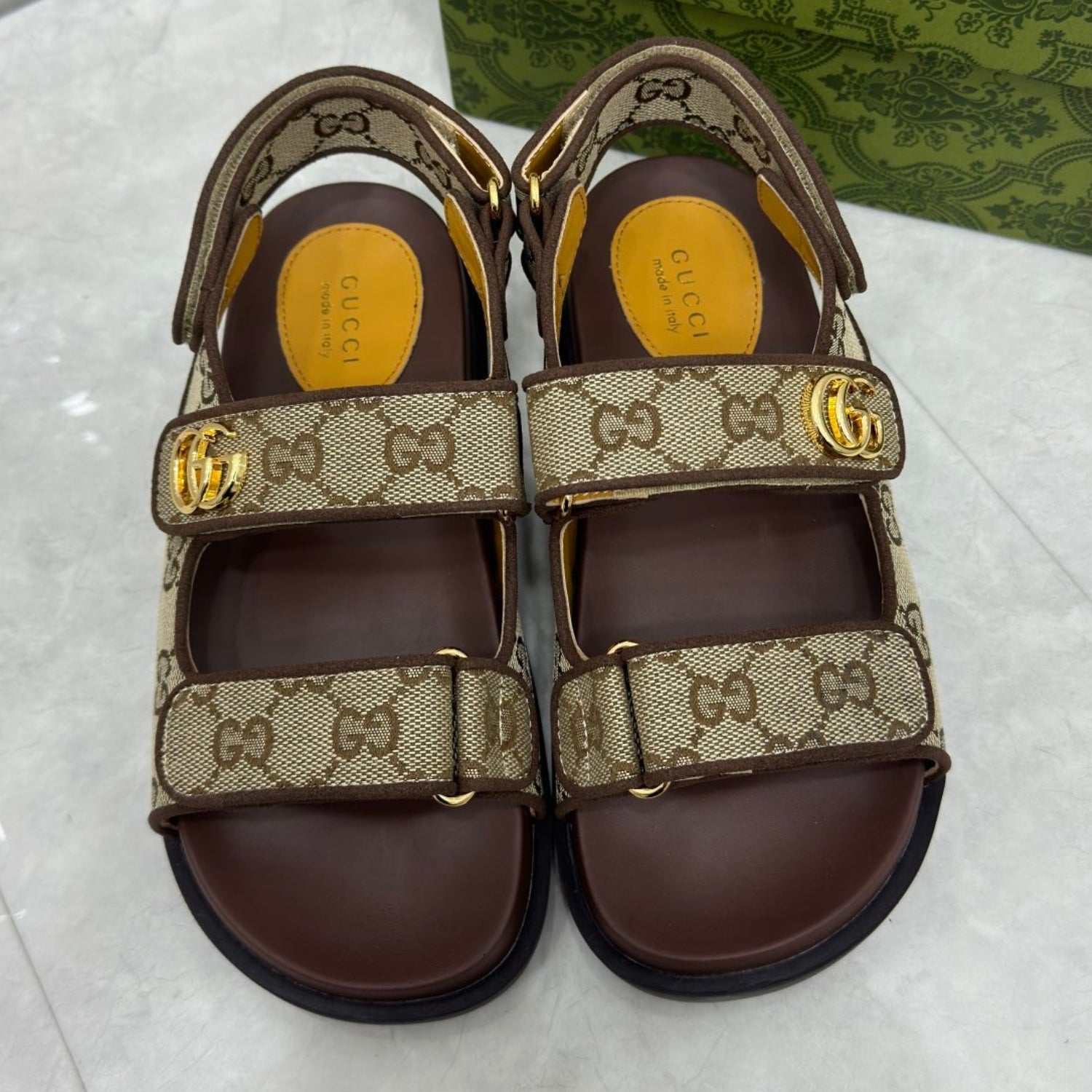 GG Slider Sandal with Double GG Canvas and Brown Heel