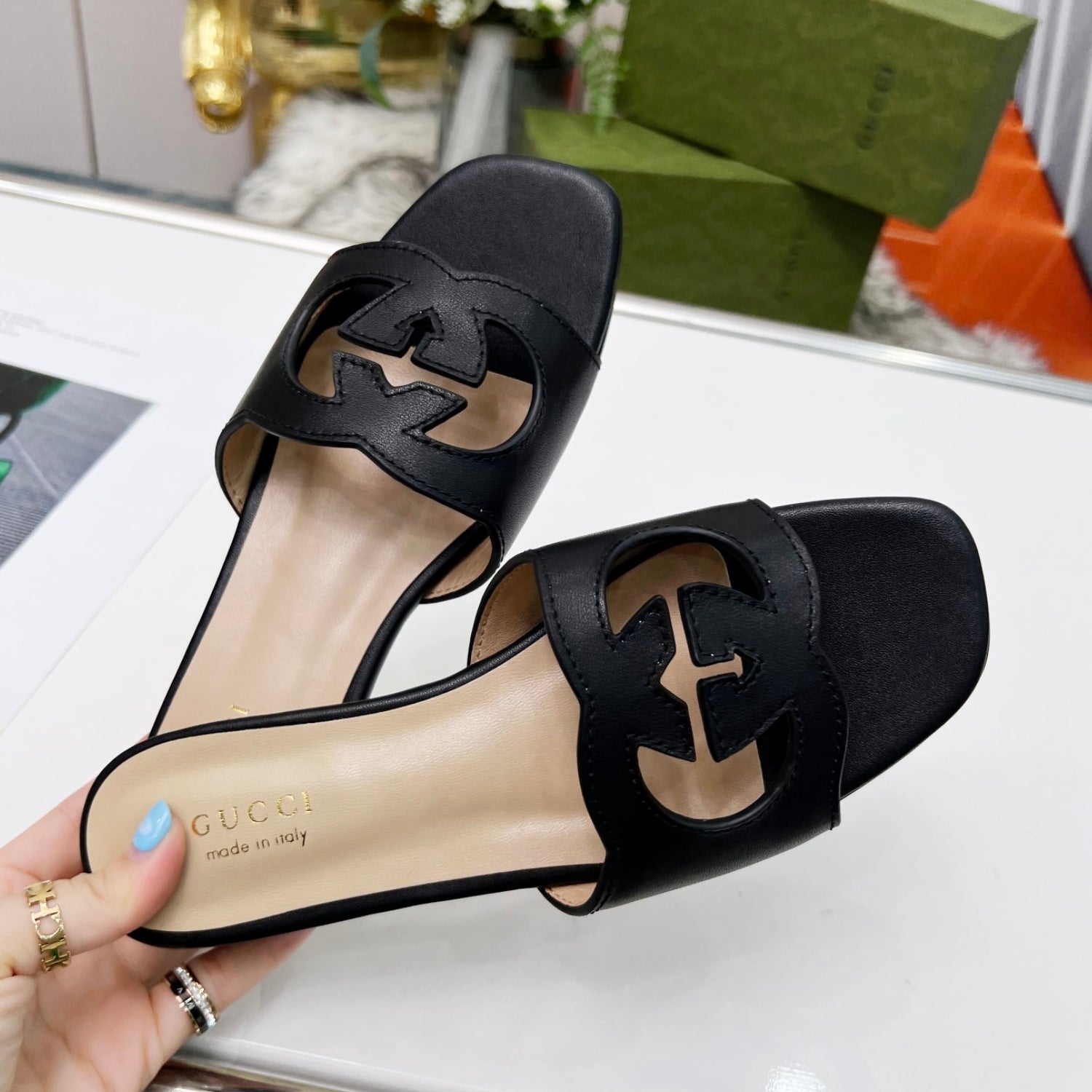 GG Leather Sandal with Black GG Interlocking