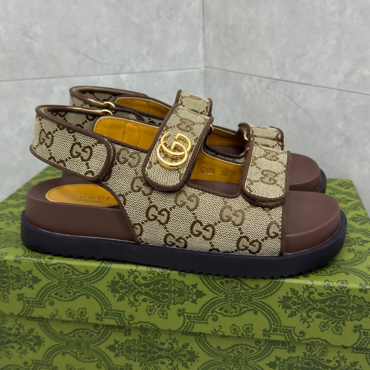 GG Slider Sandal with Double GG Canvas and Brown Heel