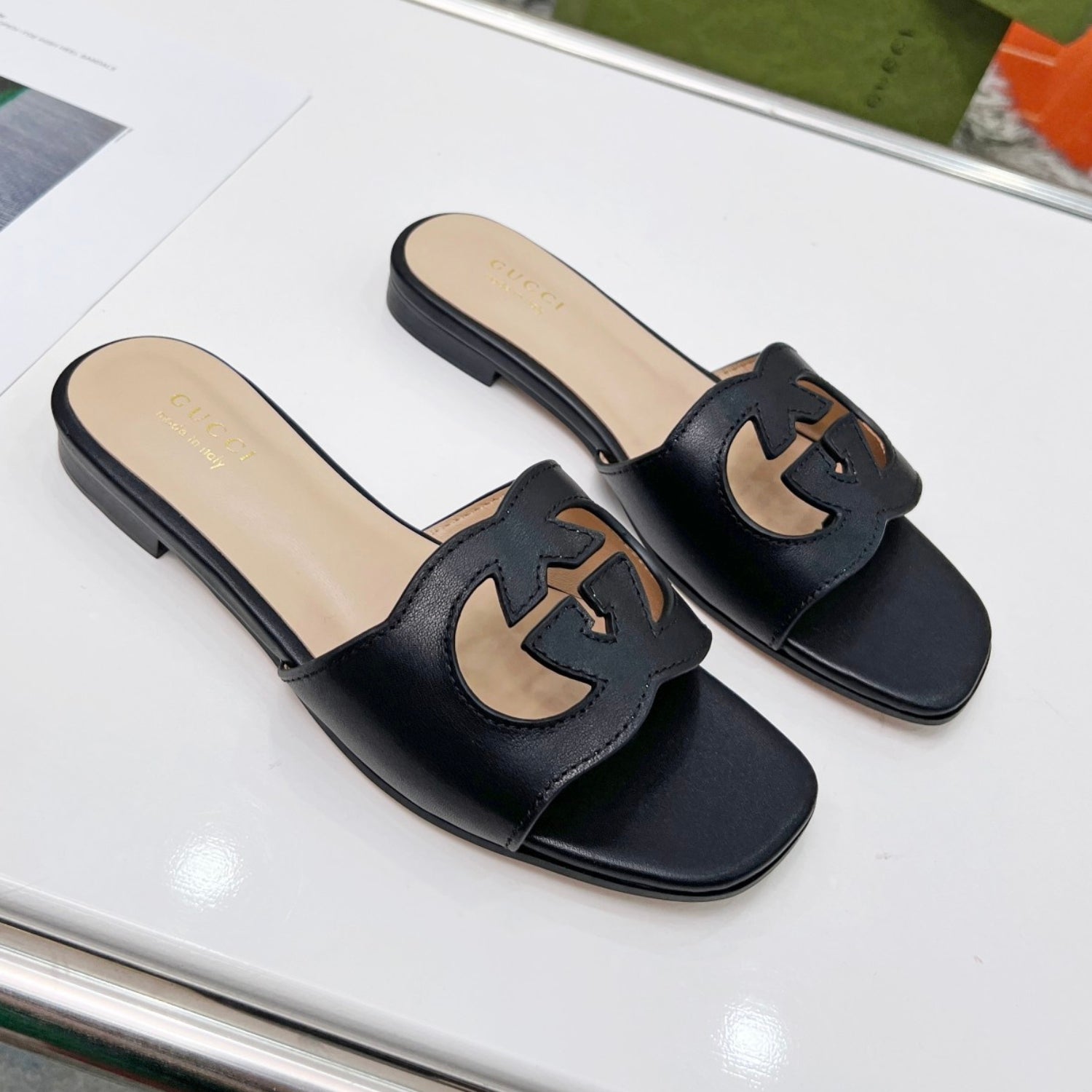 GG Leather Sandal with Black GG Interlocking