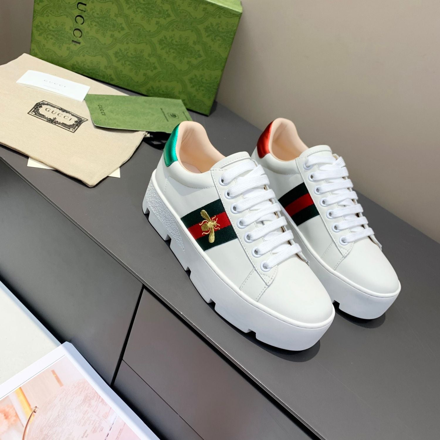 GG Ace Web Platform White Tennis Shoes