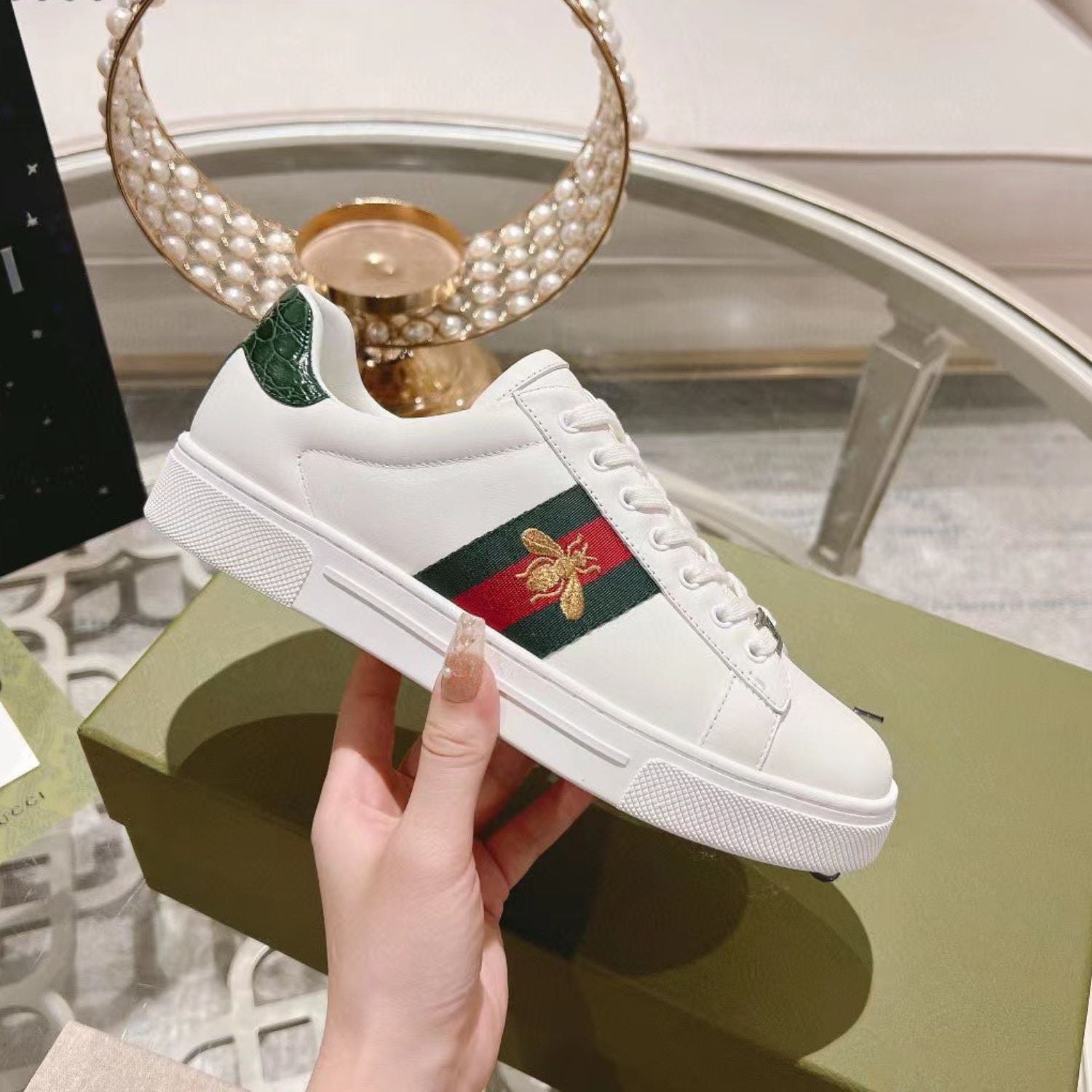 GG Ace Web Tennis Shoes with White Bee