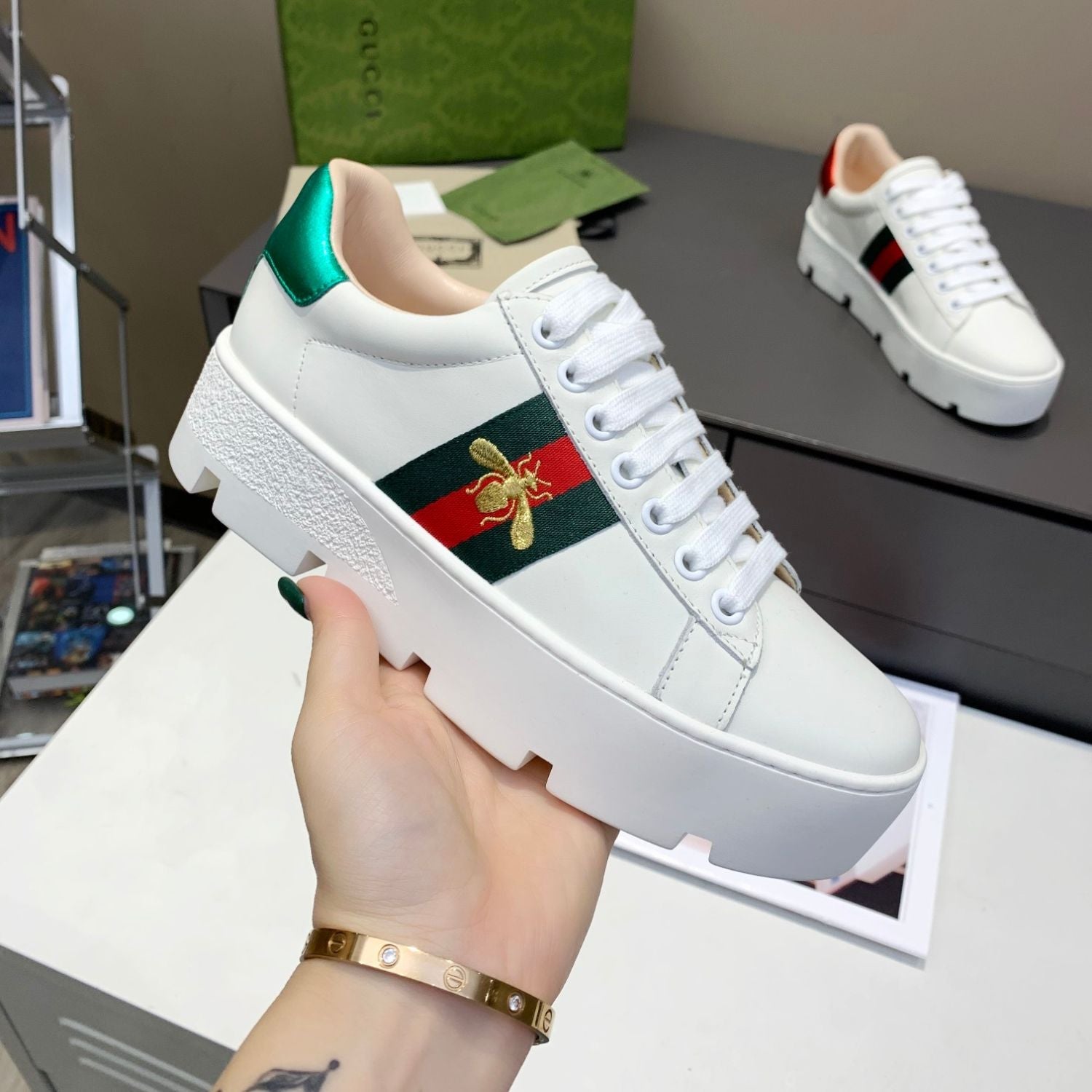 GG Ace Web Platform White Tennis Shoes