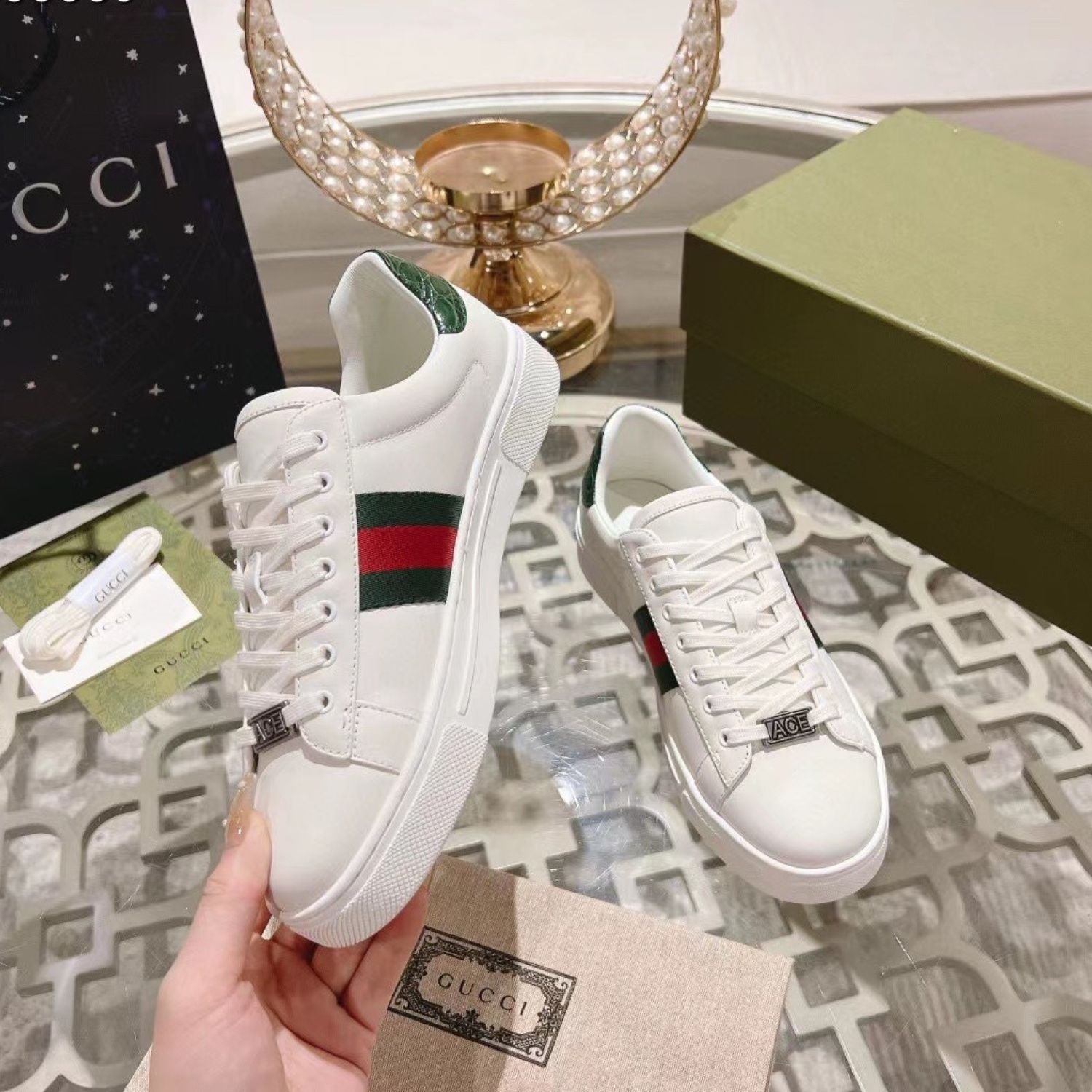 GG Ace Web White Sneakers